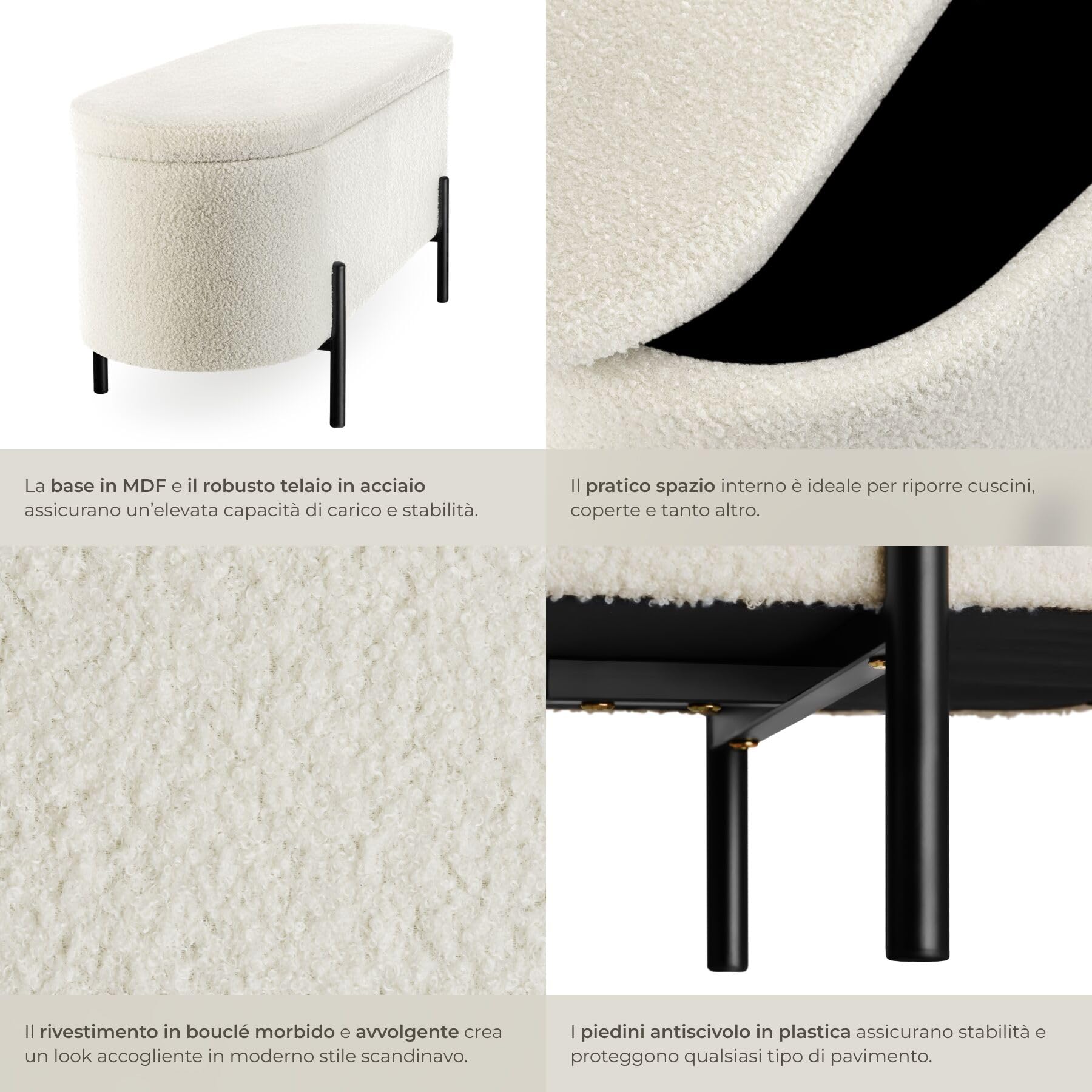 tectake® Panca Imbottita in Tessuto Bouclé, Panca Contenitore con Pratico Spazio Interno, Panca Comoda Pouf Contenitore con Gambe in Acciaio, Panca da Ingresso Design Scandinavo - Crema/Bianco