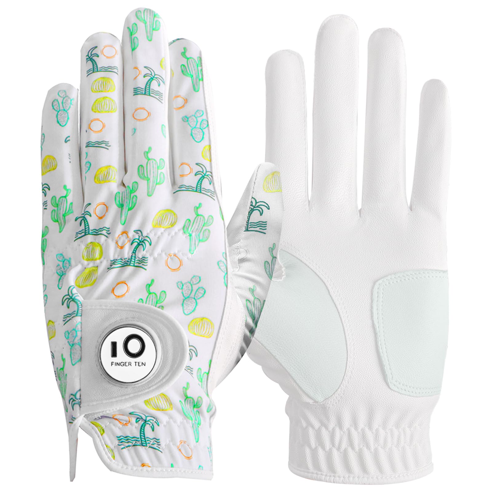 FINGER TEN Golf Gloves Men Left Hand Right with Ball Marker Cabretta Leather Weathersof Value Pack,Mens Golf Glove Fashion Pattern Wear Resistant (Green