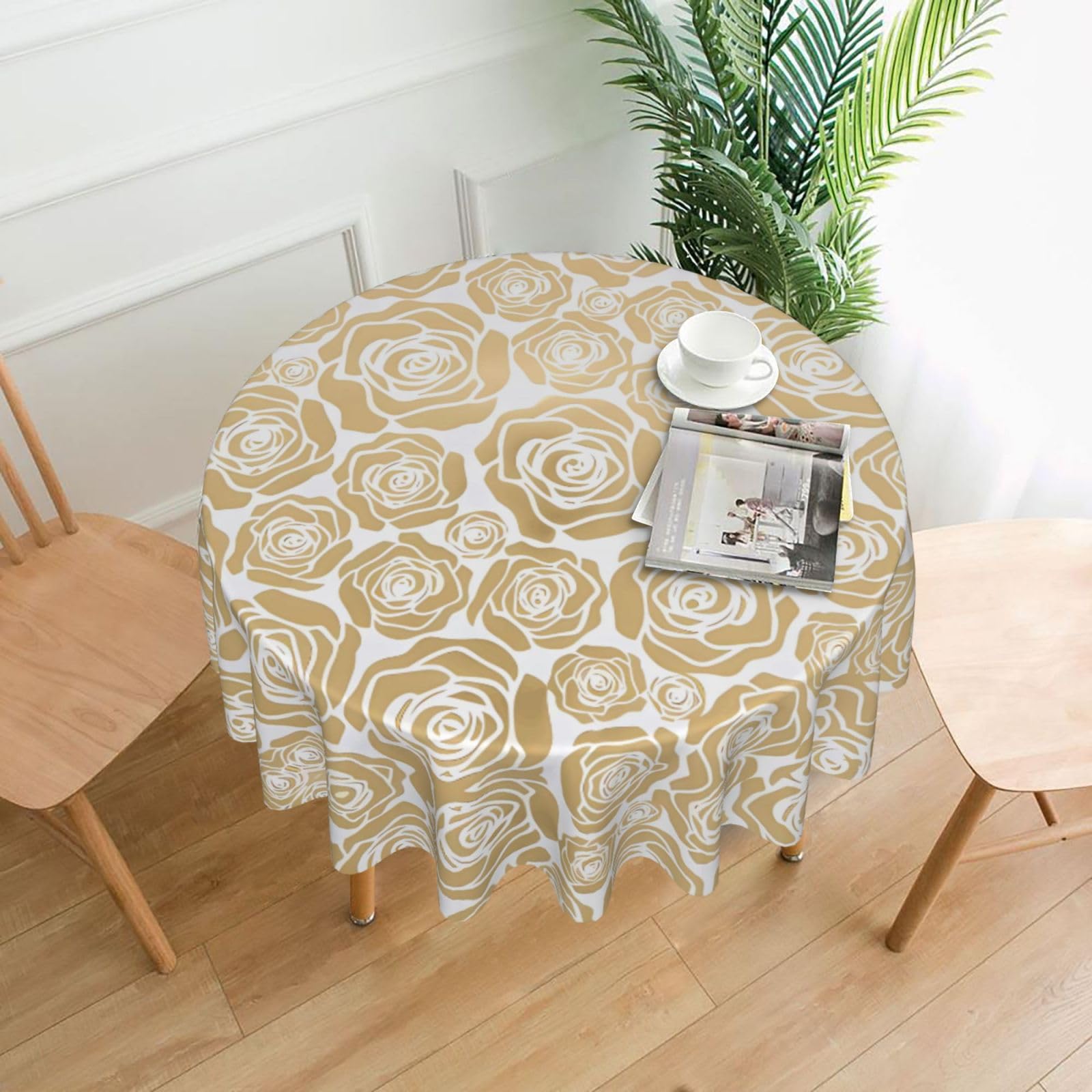 WHJSSF Many Golden Flowers Prints Round Decorative Tablecloth 60in - Elevate Your Dining Experience with a Stylish & Protective Table Throw