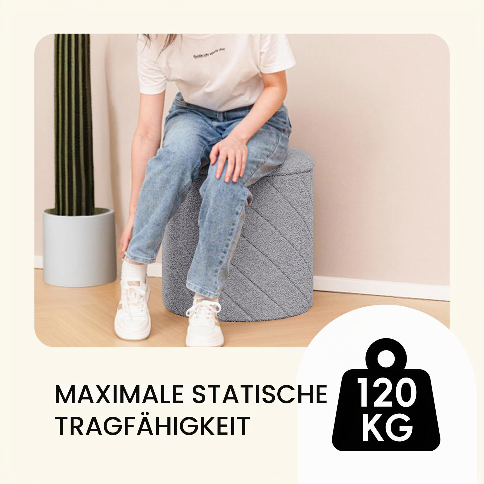 PINPLUS Runder Sitzhocker mit Stauraum, Teddy-Fleece, 43x43x45 cm, Grau