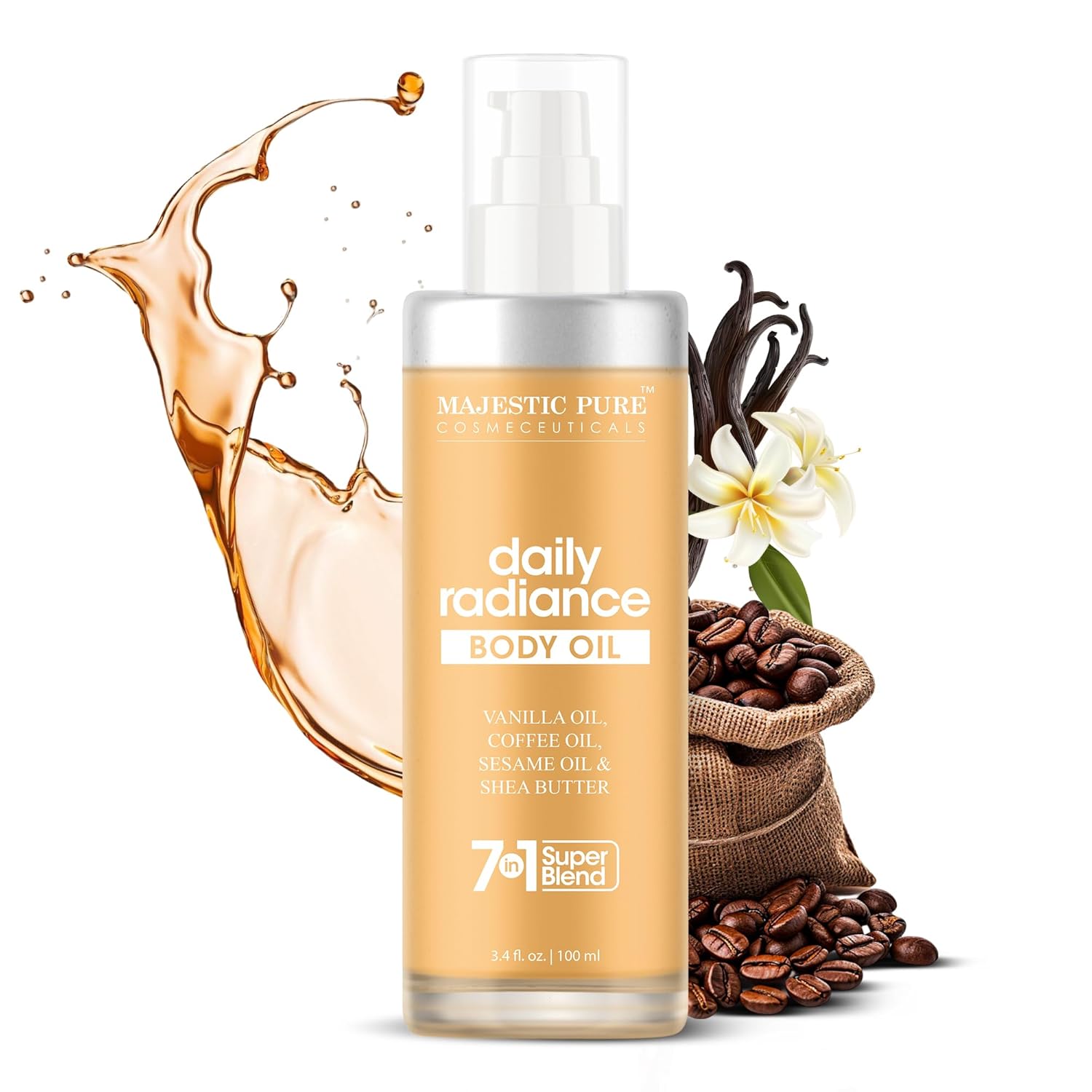 Majestic Pure Vanilla Daily Radiance Body Oil with Shea Butter, 100% Pure & Natural | Repair Dry, Damaged Skin | Moisturizing Skin | Deep Moisturizing Formula | Sesame and Coffee Oil | 3.4 Fl Oz