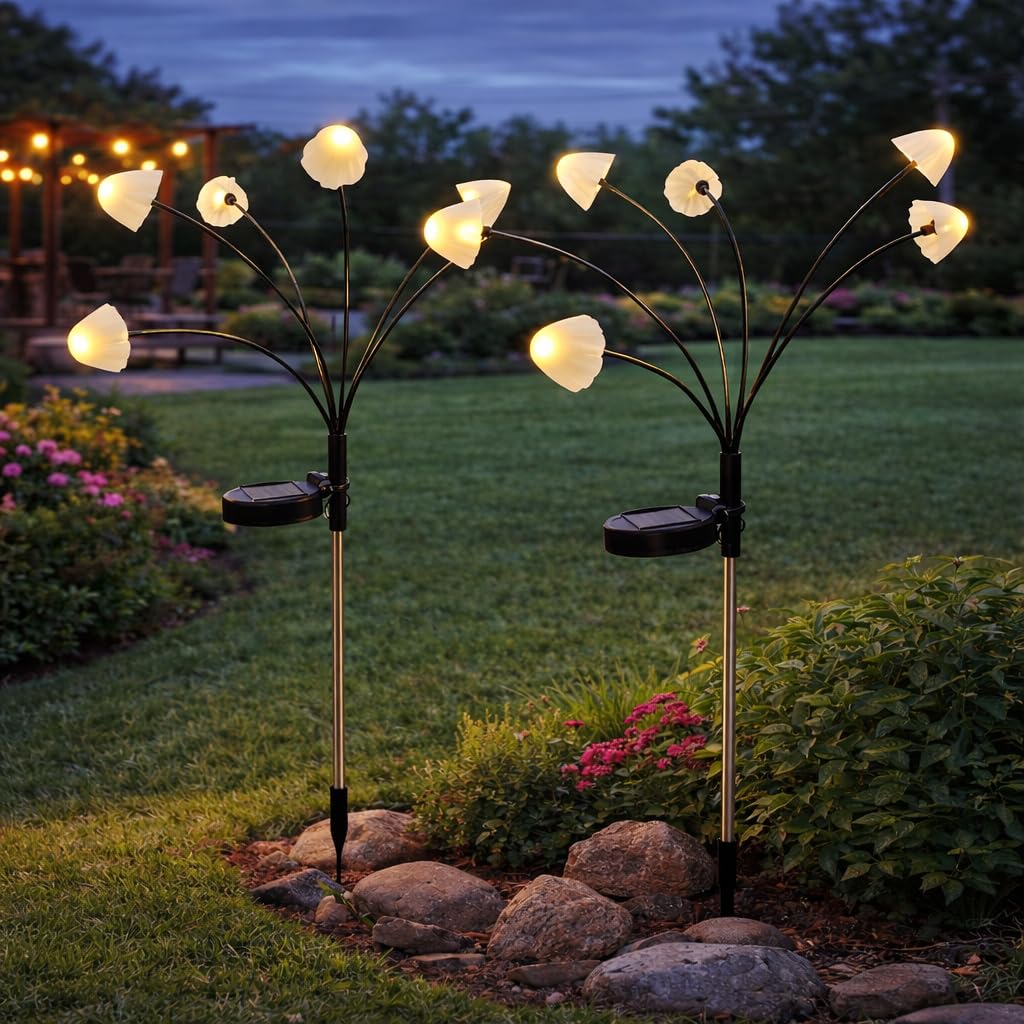 Festive Lights - Pack of 2 Solar Mushroom Swaying Garden Stake Lights - 65cm Large Adjustable Outdoor Pathway Border Lighting, 12 Warm White LED Bulbs, IP44 Waterproof Walkway & Lawn Decoration