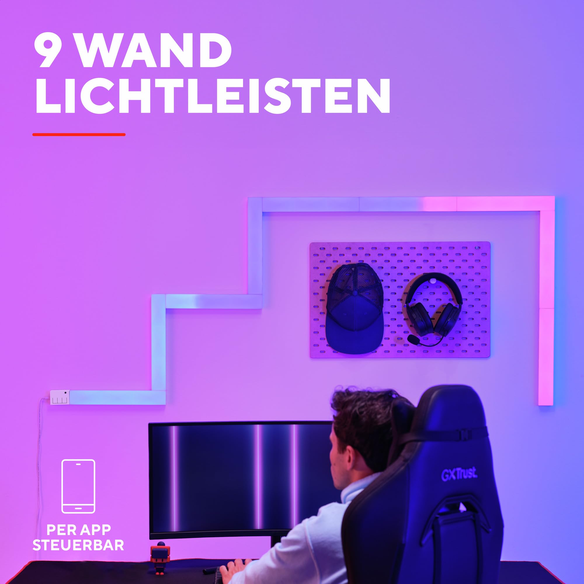 GXTrust 905 Vybz RGBIC LED Lightbar Gaming Deko, 9 LED Leiste Wandleuchte, 44 Lichtmodi, App Steuerung, Musik Sync, RGB Lampe Wandlichtleiste für Gaming Zimmer Gamer Room Setup