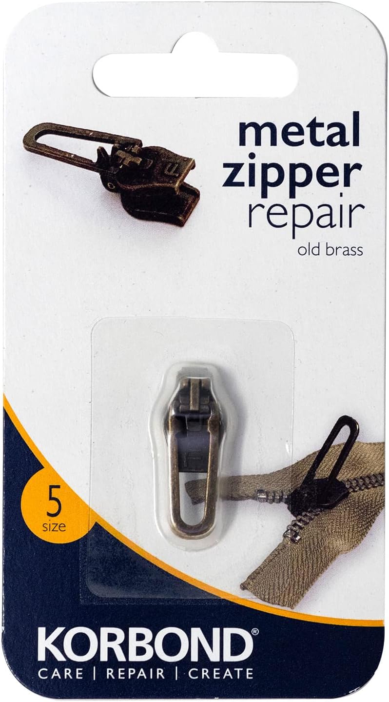 Korbond Zip Repair Kit Size 5 Aged Brass Metal Zip Instant & Easy