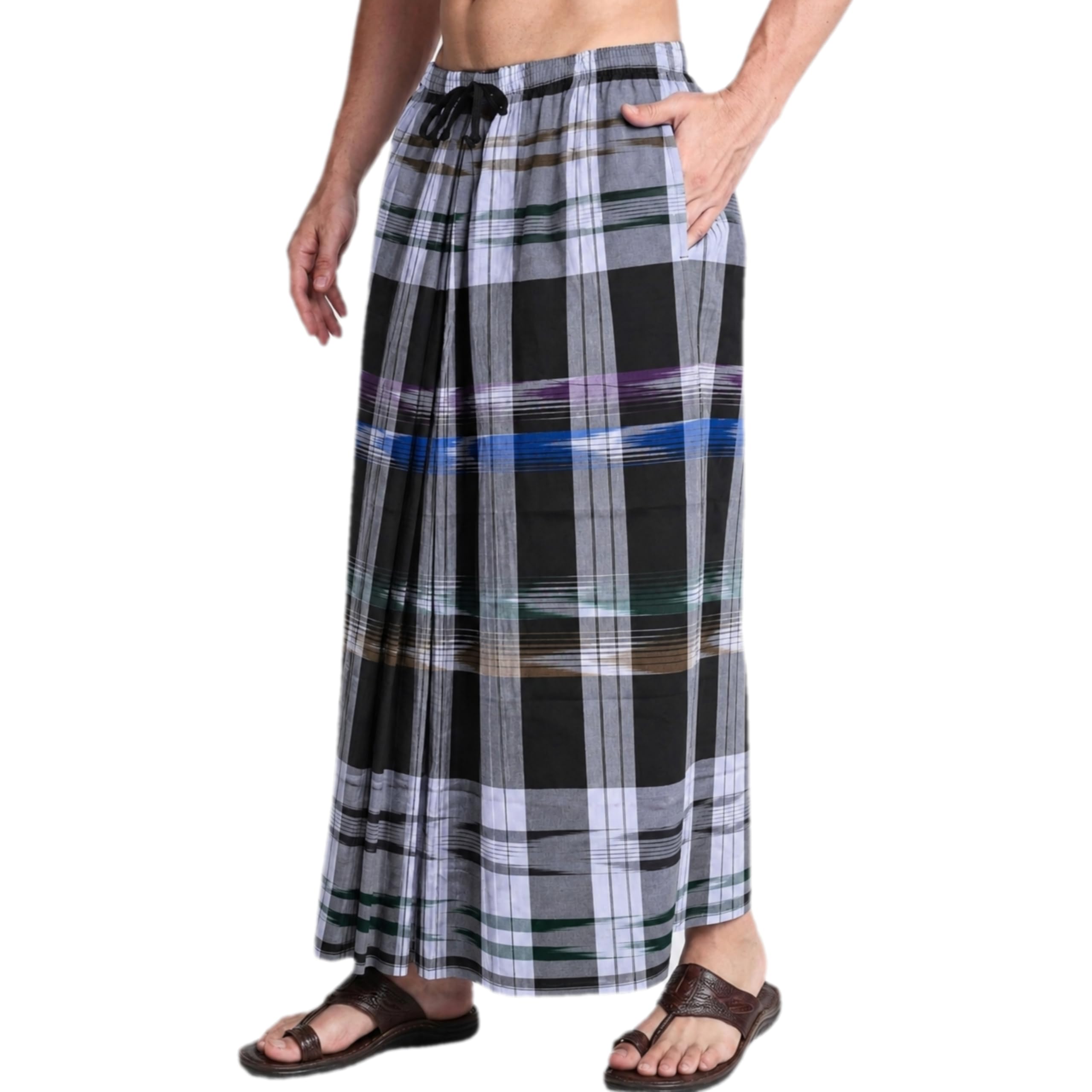 royal nts Premium Cotton Stitched Smart Lungi for Men with Elastic Waistband, Side Zipper Pocket and Adjustable Drawstring - Readymade Comfortable Men's Lungi (Free Size Fits All (28" - 42" Waist) (Black)-picture-49