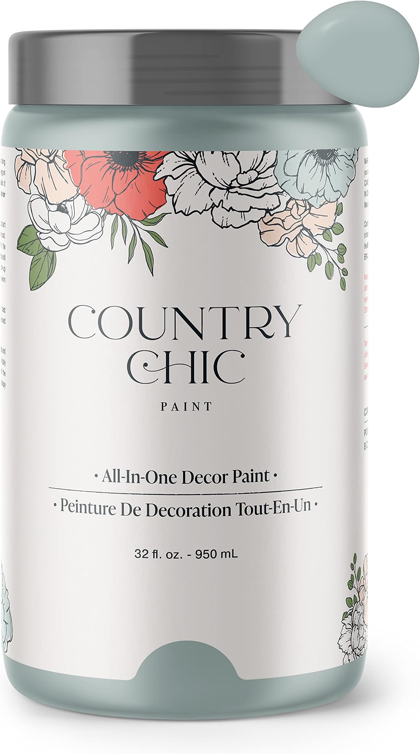 Country Chic All-in-One Chalk Paint for Furniture, Cabinets, Home Decor, Eco-Friendly, Matte Finish, Built-In Primer & Top Coat for Wood, Metal - Elegance (dusty blue) - Quart 32 oz (950 ml)