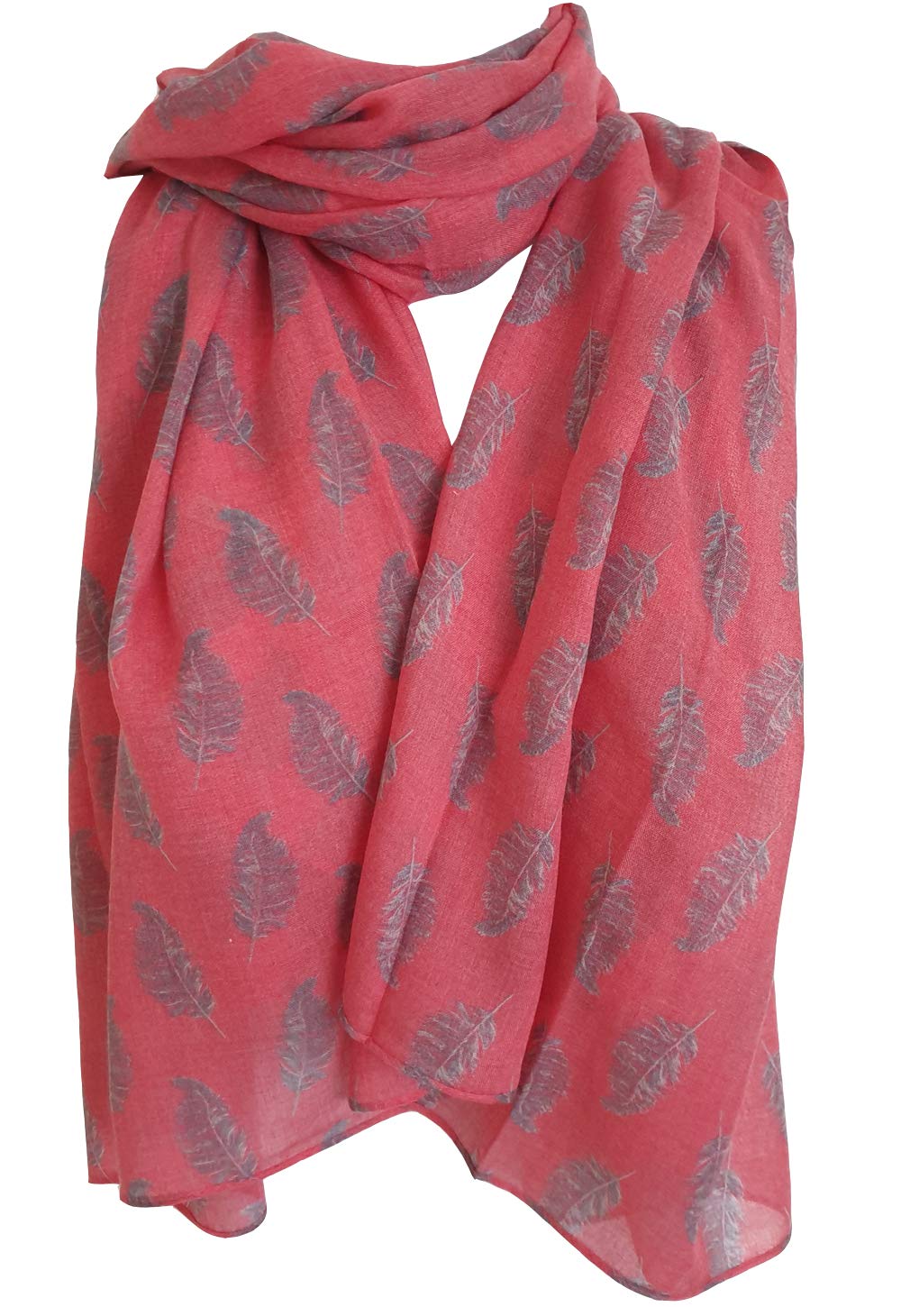 Glamlondon Women's Coral Dark Feather Print Scarf Floating Light Fashion Shawl Wrap (Coral Dark)