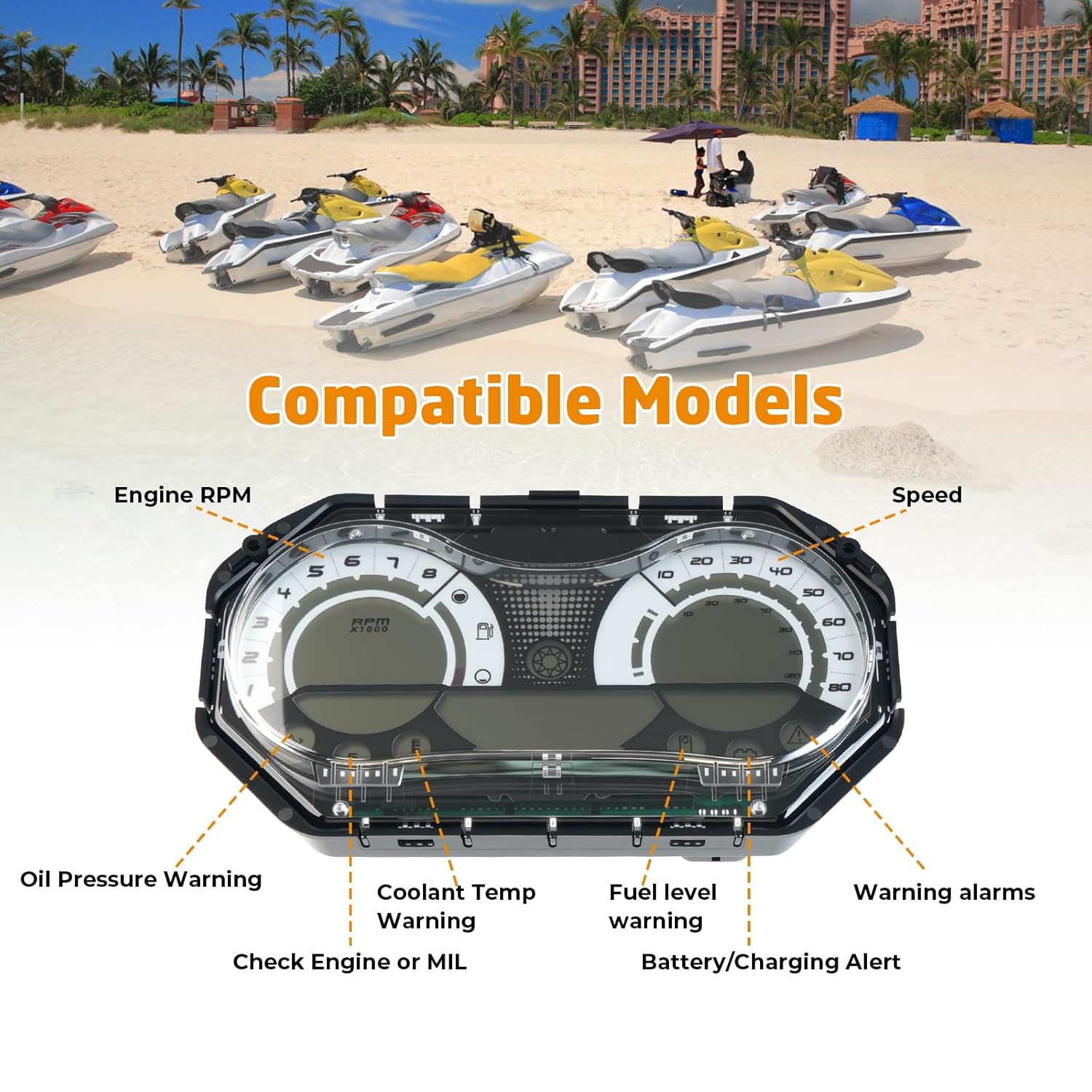 278002270 LCD Speedometer Gauge Cluster Replacement for SeaDoo GTX RXP RXT Wake 2006-2011, Digital Gauge with Chrome Bezel, Compatible Part Numbers# 278002328 278002326 278002319 278002317 278002144