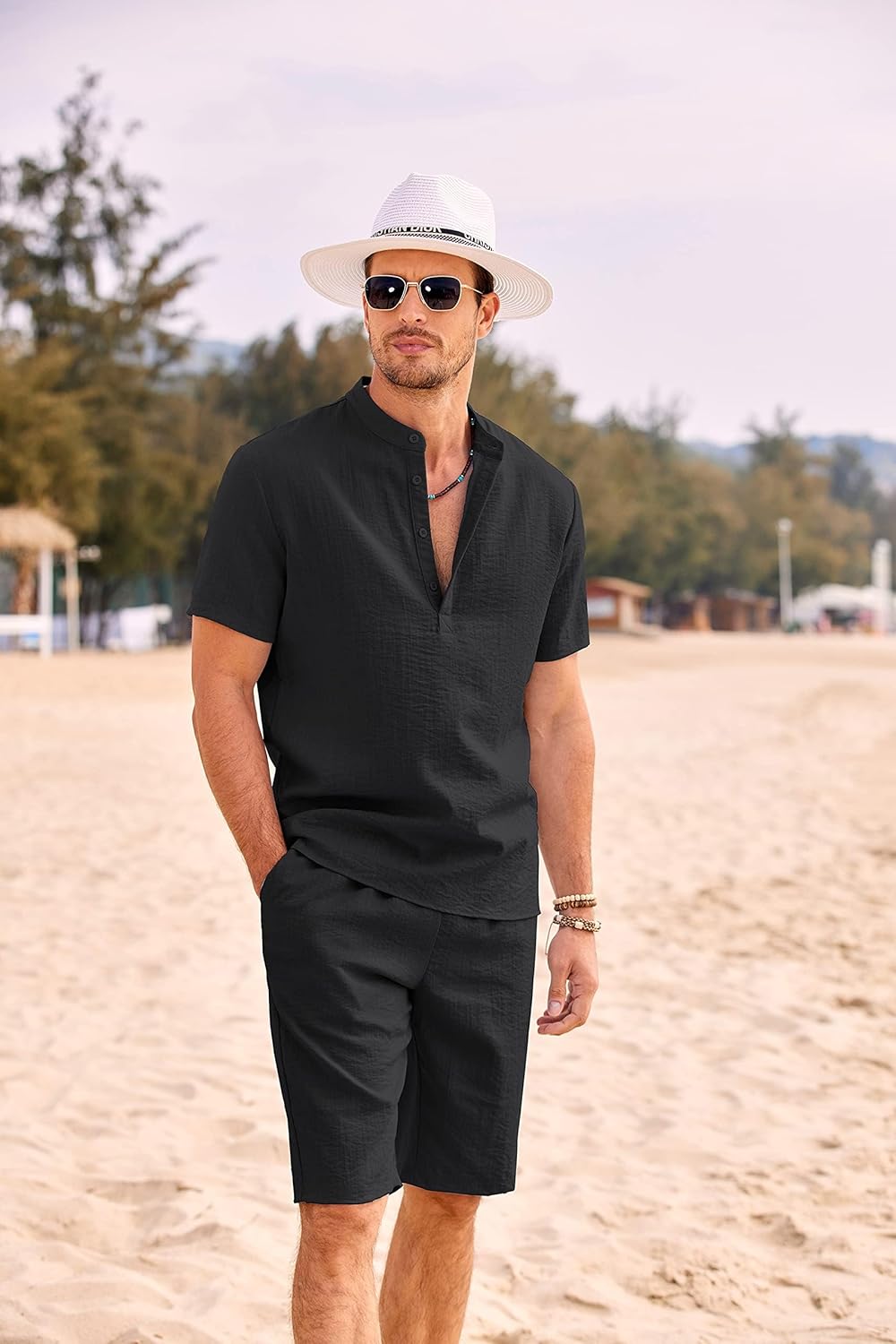 COOFANDY Men's 2 Pieces Linen Set Casual Henley Shirts Short Sleeve Beach Yoga Shorts Summer Pants Outfits - Image 6