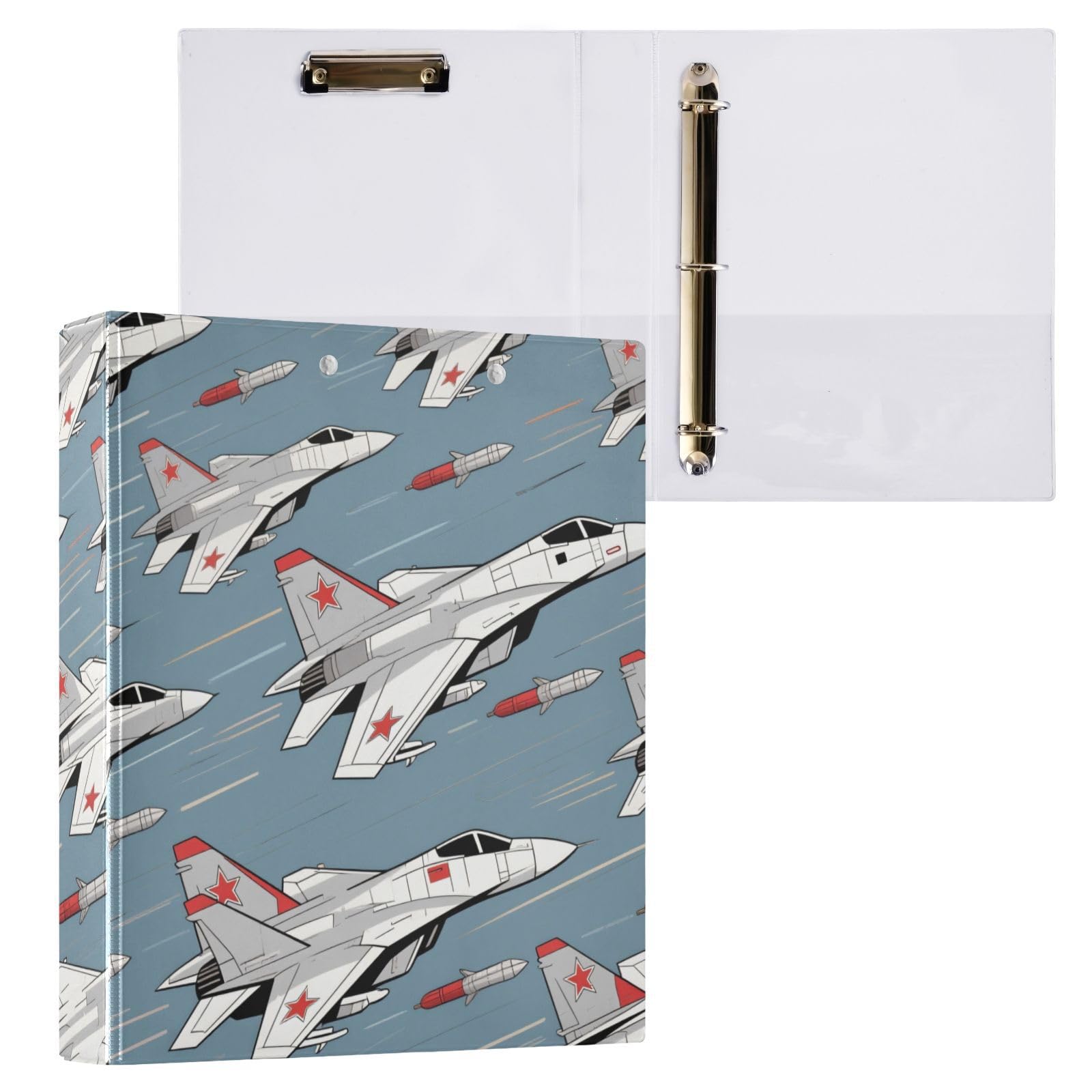 Slewiaeky Cool Plane Aircraft Fighter 3 Ring Binders 1.5 Inch Round Rings Decorative Binder with Clipboard PVC Pockets Fit 8.5 x 11 Inch Paper for