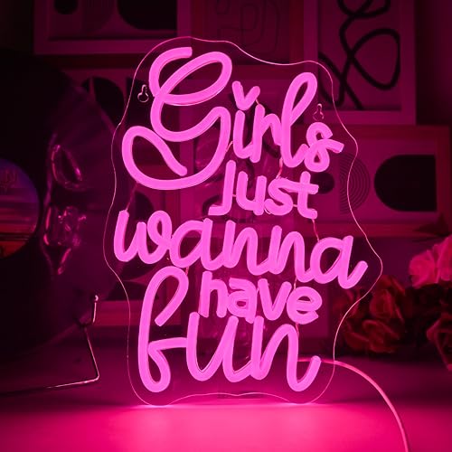 Letrero de neón con texto en inglés Girls Just Wanna Have Fun, decoración de fiesta de los años 80, retro, color rosa, luz de neón LED para fiesta