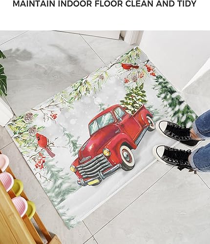 Miniatura 6 de Alfombra de baño esponjosa para camión rojo, cardenal de Navidad, antideslizante, alfombra suave para piso, árbol de Navidad, conos de pino, nieve,