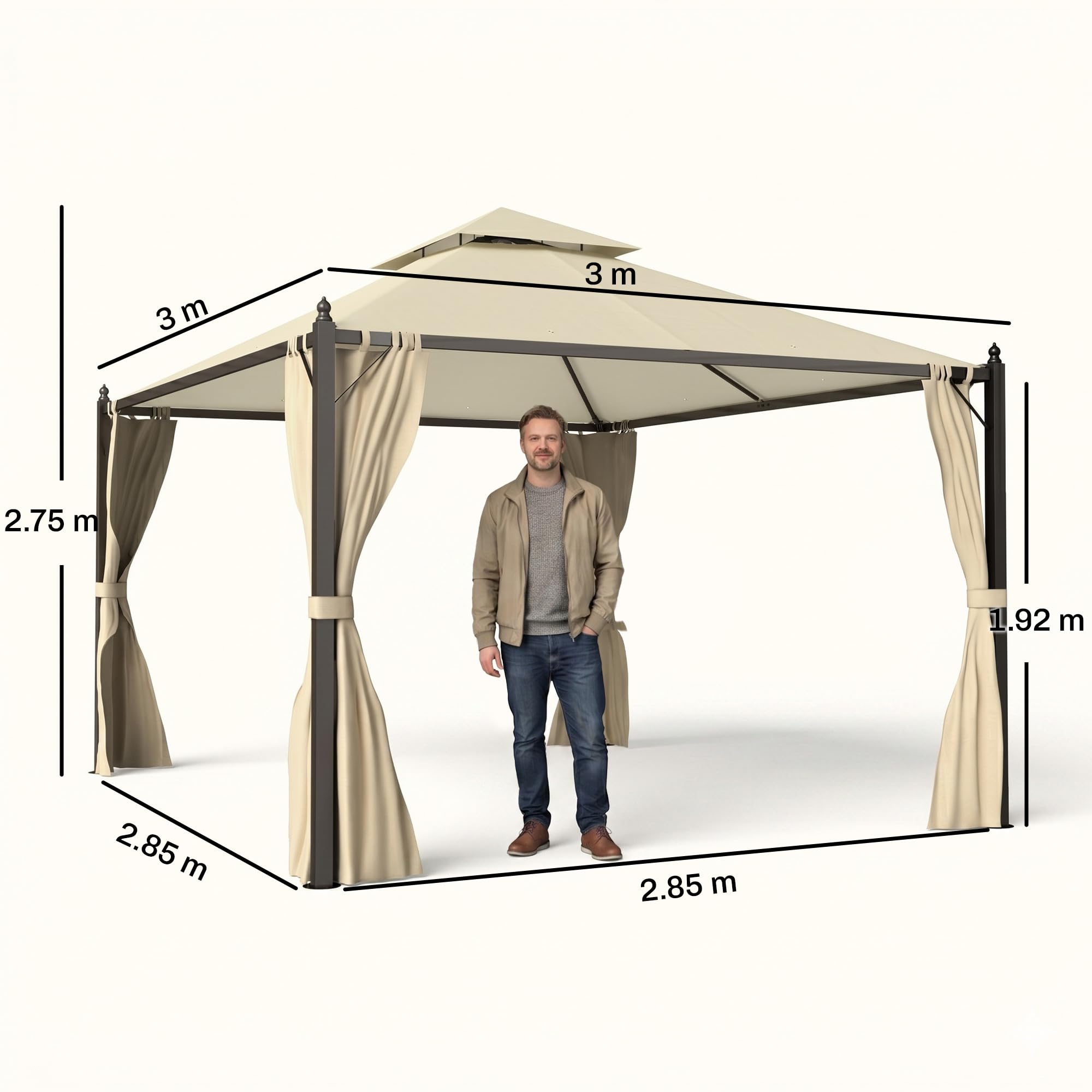 Outsunny Gazebo da Giardino 3 x 3m 4 Tende Laterali Doppio Tetto Beige | nan