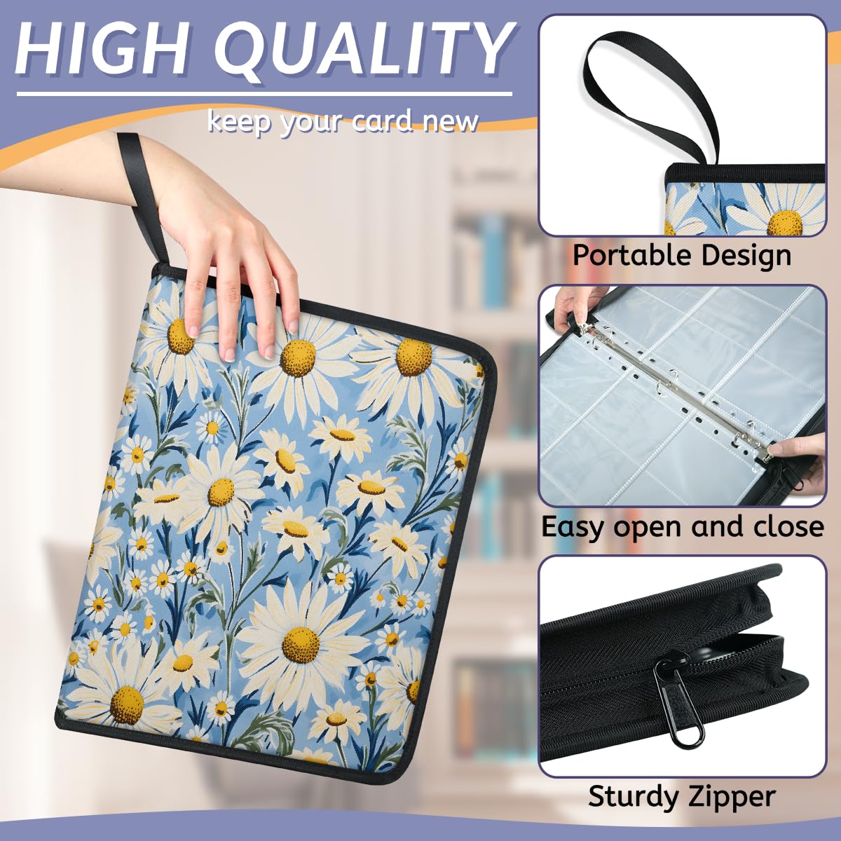 Raccoglitore per carte con 9 tasche, 900 tasche, con chiusura a cerniera (sfondo blu margherita)