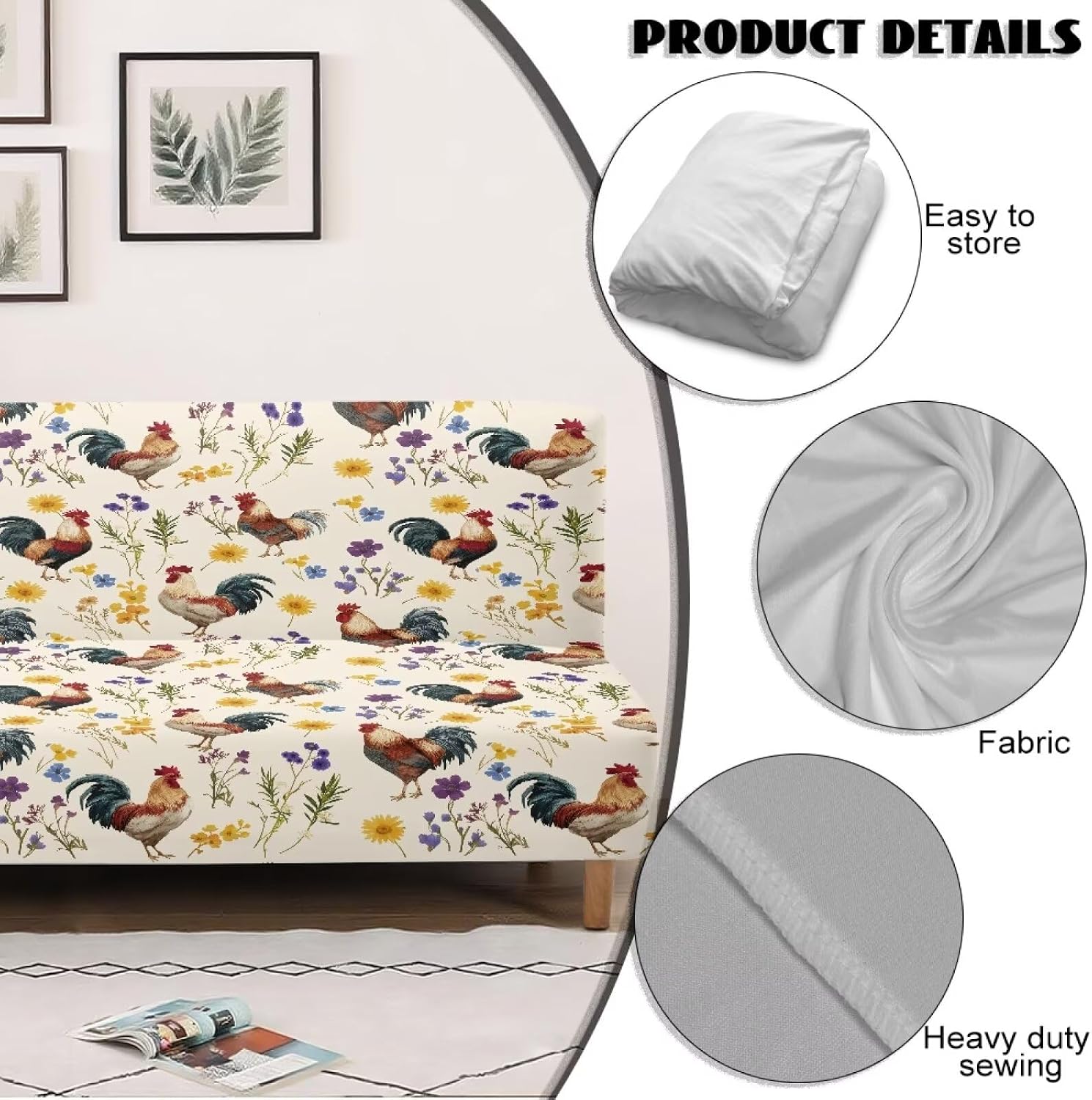 Rooster Armless Futon Cover Waterproof Futon Covers Slipcover with Elastic Edge Soft Rv Jackknife Sofa Covers Decorative Furniture Protector for Living Room