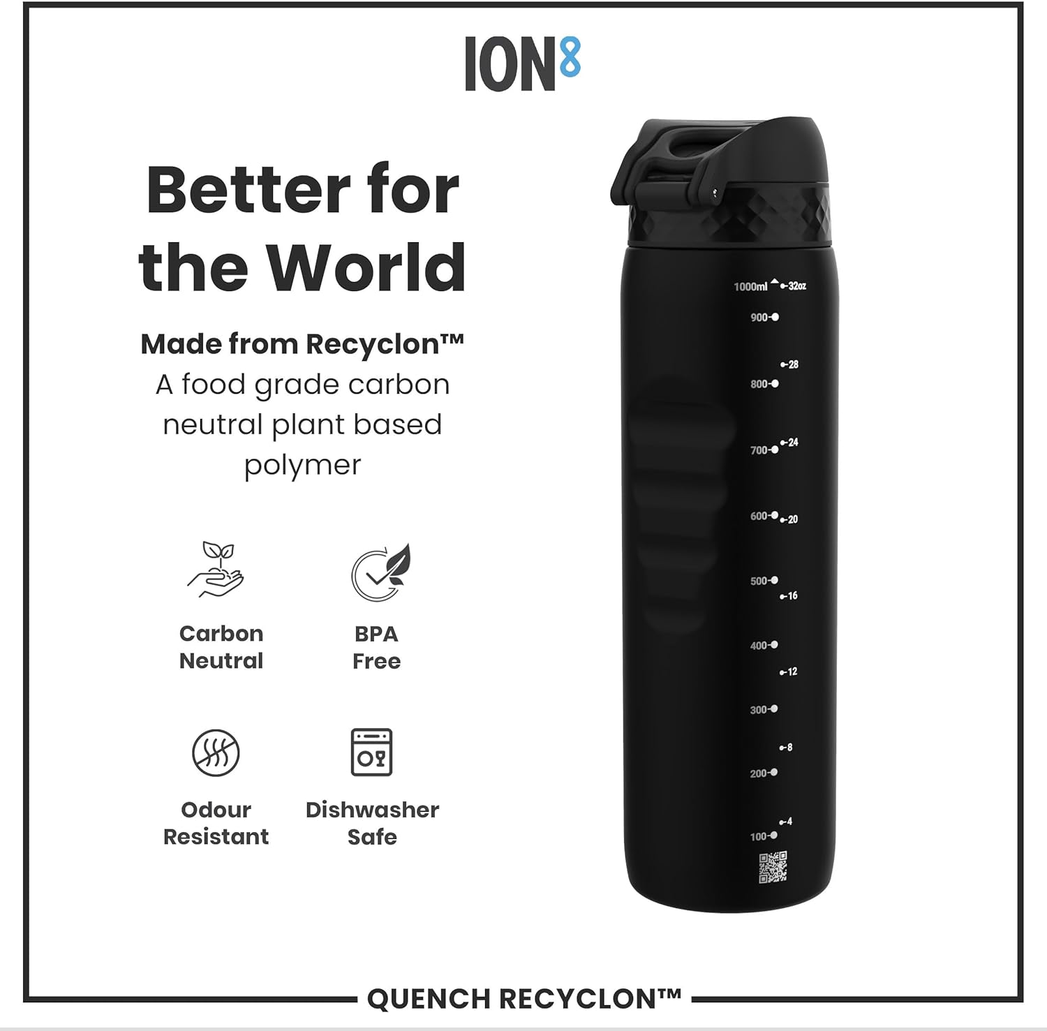 Ion8 1 Litre Water Bottle, Leak Proof, Flip Lid, Carry Handle, Rapid Liquid Flow, Dishwasher Safe, BPA Free, Soft Touch Contoured Grip, Ideal for Sports and Gym, Carbon Neutral, 32 oz, Black