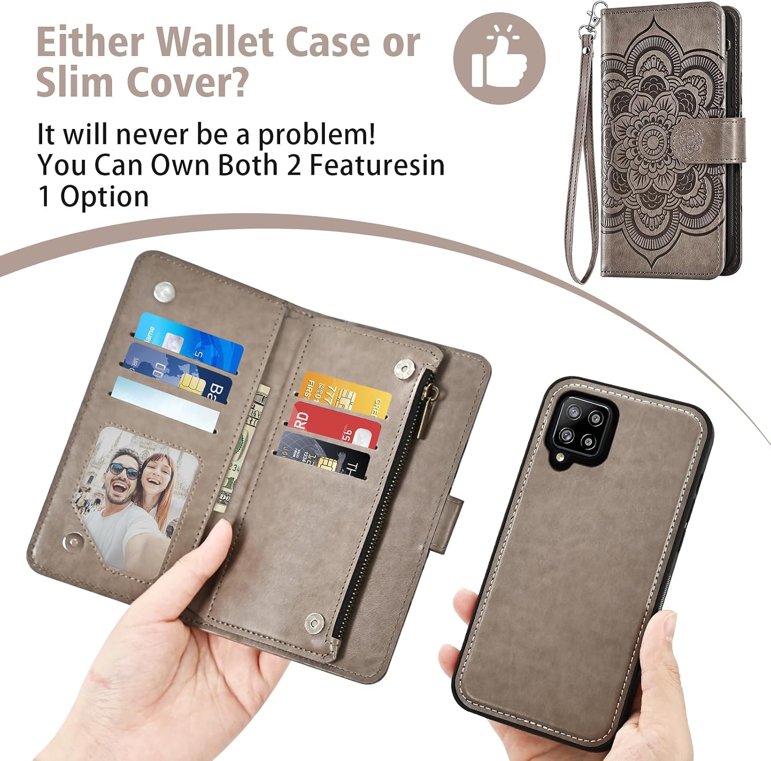 Asuwish Phone Case for Samsung Galaxy A42 5G Zipper Wallet Detachable Cell Cover with Tempered Glass Screen Protector Crossbody Strap Flower Card Holder Slot A 42 G5 42A S42 4G 2021 Women Girls Gray