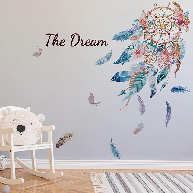 Dream Catcher Feathers Wall Stickers, The Dream Wall Quotes Decals, Peel and Stick Wall Décor, Removable DIY Art Wall Mural for Girls Bedroom, Nursery, Living Room, Home Decoration