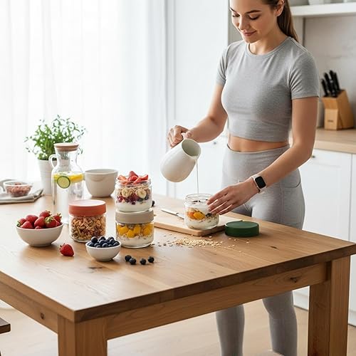 Miniatura 8 de Paquete de 8 recipientes de avena durante la noche con tapas, tarro de almacenamiento de yogur de vidrio transparente de 10 onzas, tarro de cristal