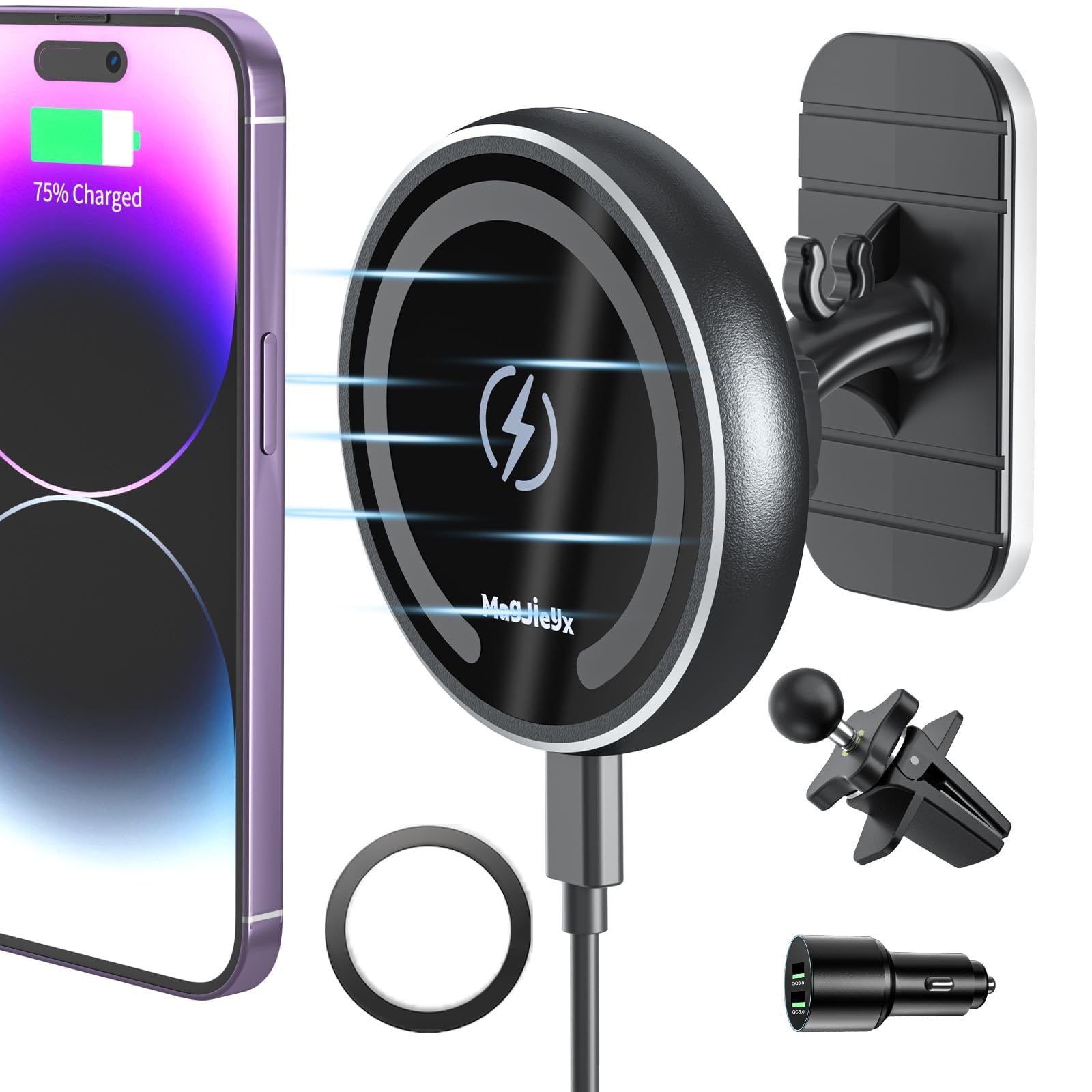 Support Téléphone Voiture MagSafe MAGJIEYX – Chargeur Induction 15W, Compatible IPhone 16 à 12, Fixation Magnétique Puissante
