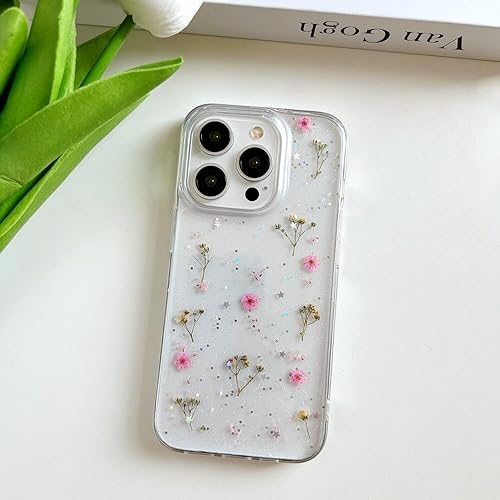 Miniatura 2 de Funda transparente para iPhone 14 Pro con diseño de flores reales prensadas, con purpurina, bonito patrón floral rosa, delgada, suave, funda