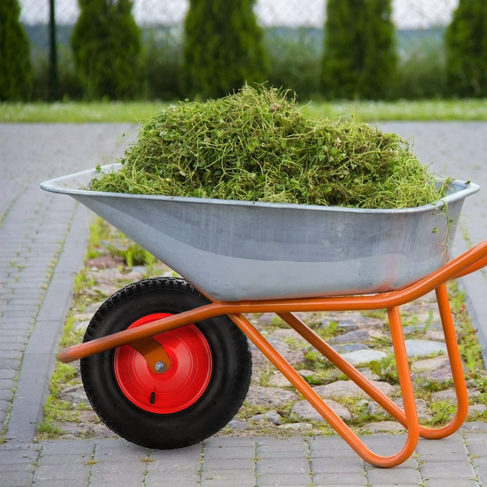 Koło do taczki pneumatyczne z osią, 4,80/4,00-8 Ø 390 mm 200 kg wraz z osią, koło zapasowe do taczki, odporne na przebicie, koło poliuretanowe, wózek ogrodowy, zestaw 2 sztuk