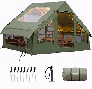 Inflatable Tents for Camping - Blow Up Tent with Stove Jack and Pump, Hot Cabin Tent House Easy Setup 4 Season Waterproof Oxford Glamping Air Tents for Adult 2/3/4 Person
