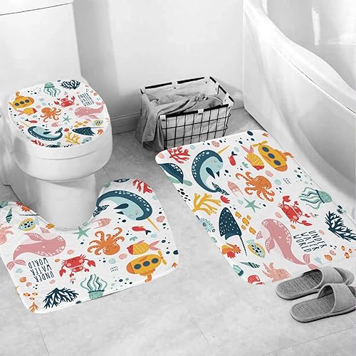 Miniatura 4 de Juego de 4 cortinas de ducha para niños con diseño de océano, con alfombras antideslizantes, linda decoración de baño de dibujos animados de