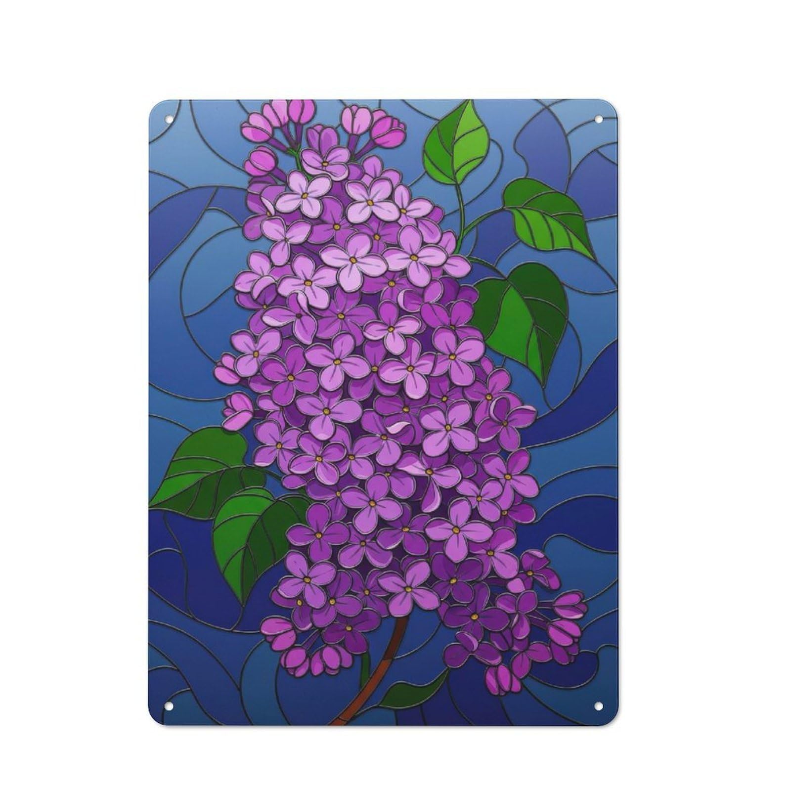 Junmoney Style-8 Country Style Lilac Blossom Stained Glass Illustration Decorative Metal Sign 40X30cm, Bistro Wall Plaque For Restaurant, Kitchen, Counter Or Breakfast Nook