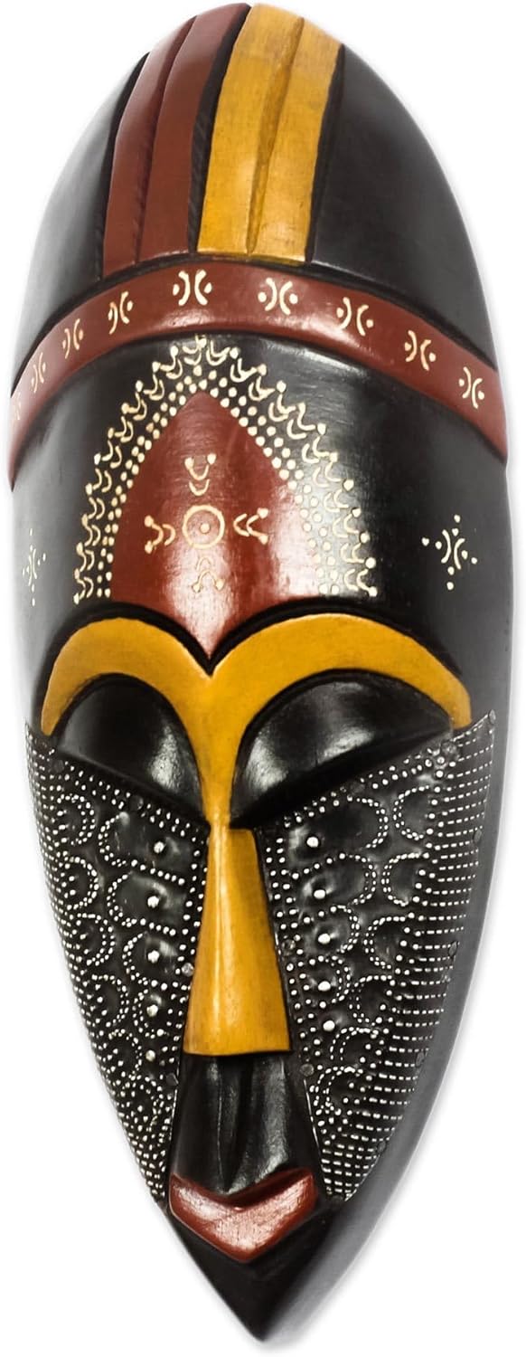 NOVICA Artisan Handmade African Wood Mask Colorful Aluminum Accented from Ghana Black Multicolor Masks Ghanaian [14.5in H x 5.75in W x 2.6in D] ' Face of Greatness'