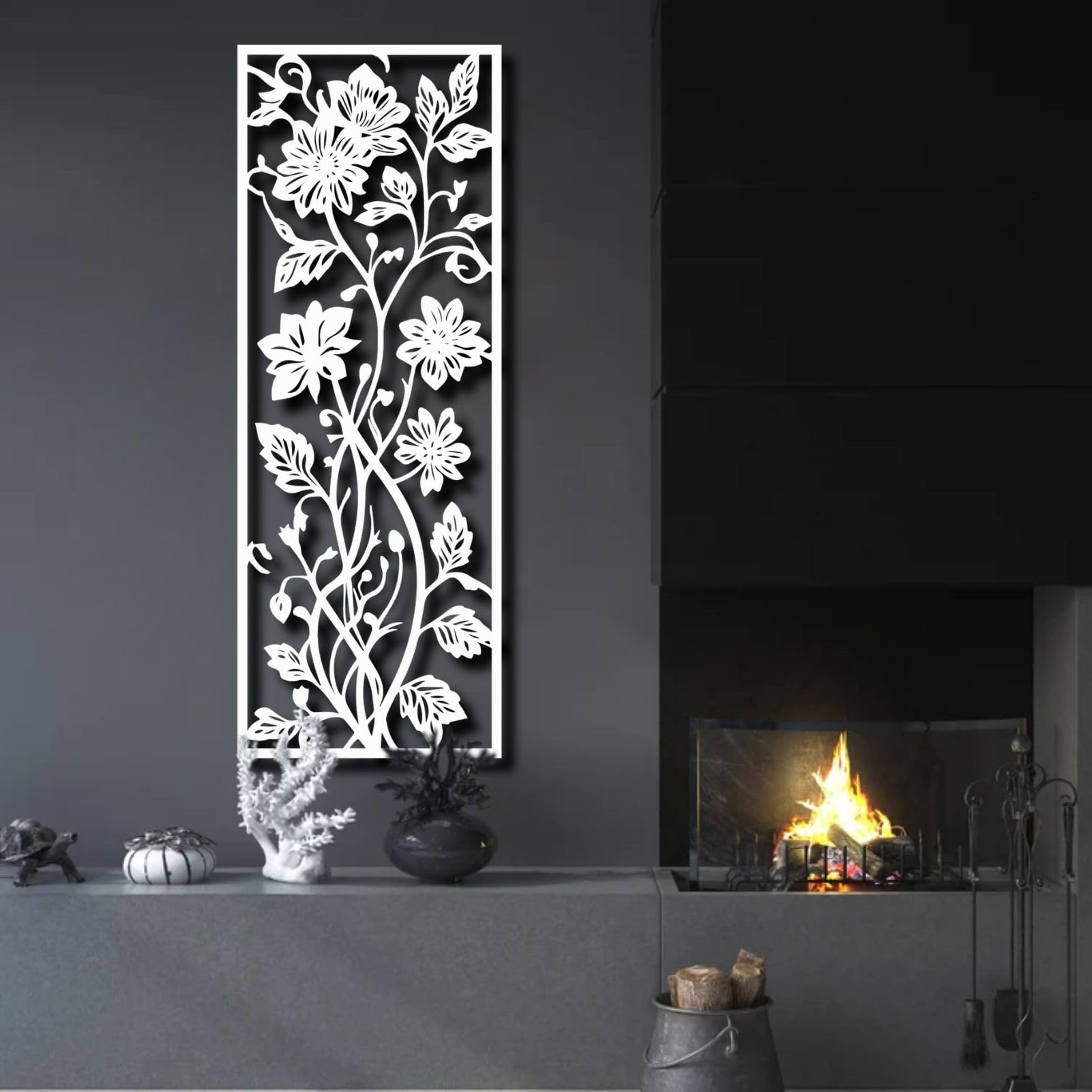 Fiori in metallo, arte murale, stile botanico per soggiorno, finitura nera