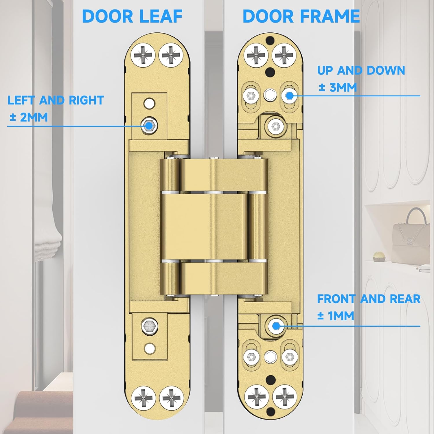 Hidden Door Hinges 2 Pack 6inch Concealed Hinges Gold Invisible Door Hinge 180 Degree Swing Hinge 3 Way Adjustable Silent Butt Hidden Hinge for Doors 6 x 2.5 x 1 inch