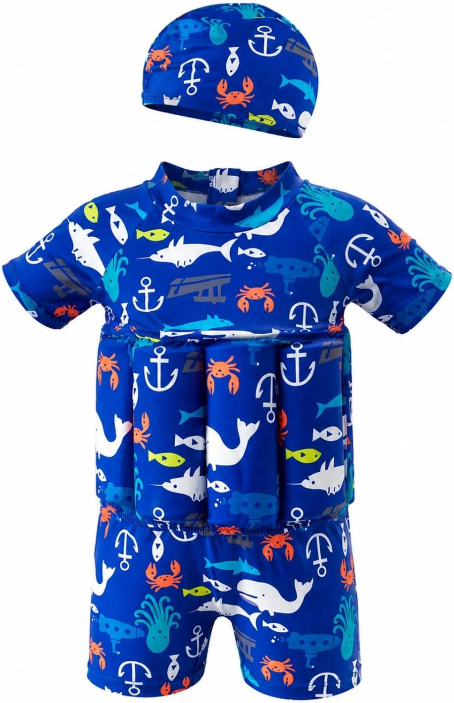 DivingBirds Toddler Floatie Swimsuit with Hat for Boys Girls, Floating Swim Suit with Built-in Floatation, 1-6Y