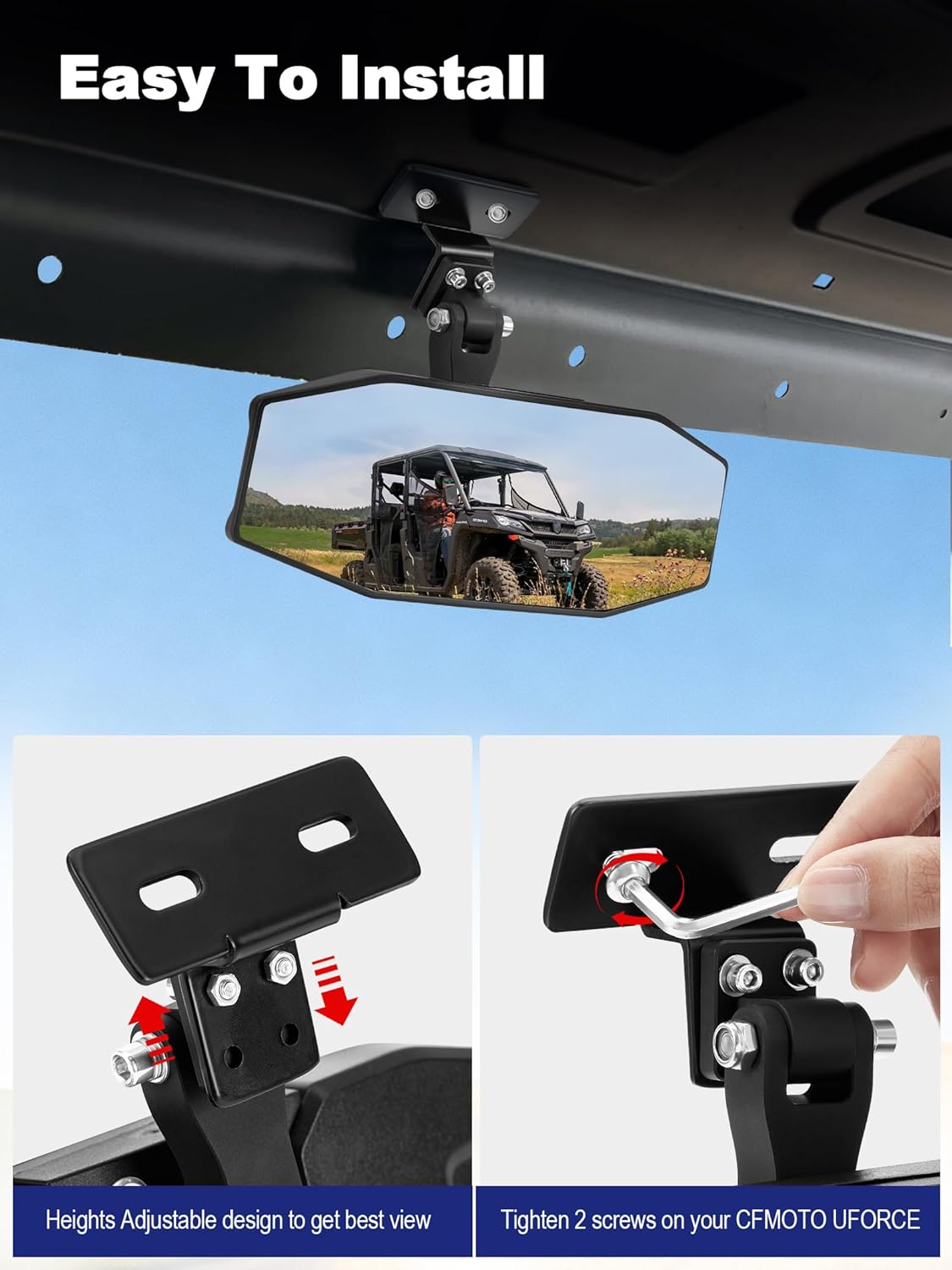 Upgreaded UTV Rearview Mirror Compatible with CFMOTO UFORCE 1000/1000 XL & Polaris Ranger 1000 XP 900 XP 500 570 / Crew, Solid Stable & Wide View Convex Uforce Center Rearview Mirror - Image 6