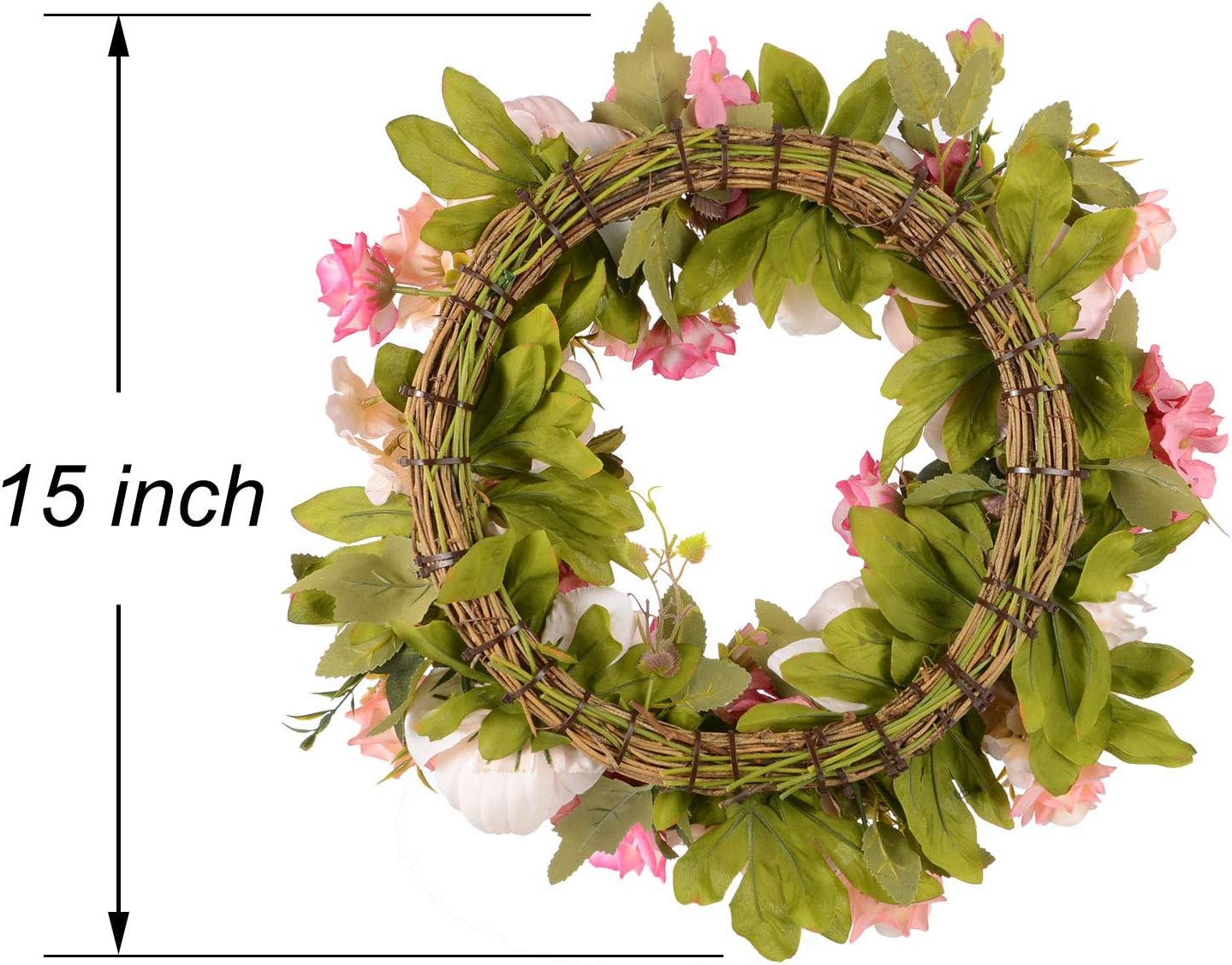 Lvydec Artificial Peony Flower Wreath - 15" Pink Flower Door Wreath Spring with Green Leaves for Front Door, Wedding, Wall, Home Decor - Image 7