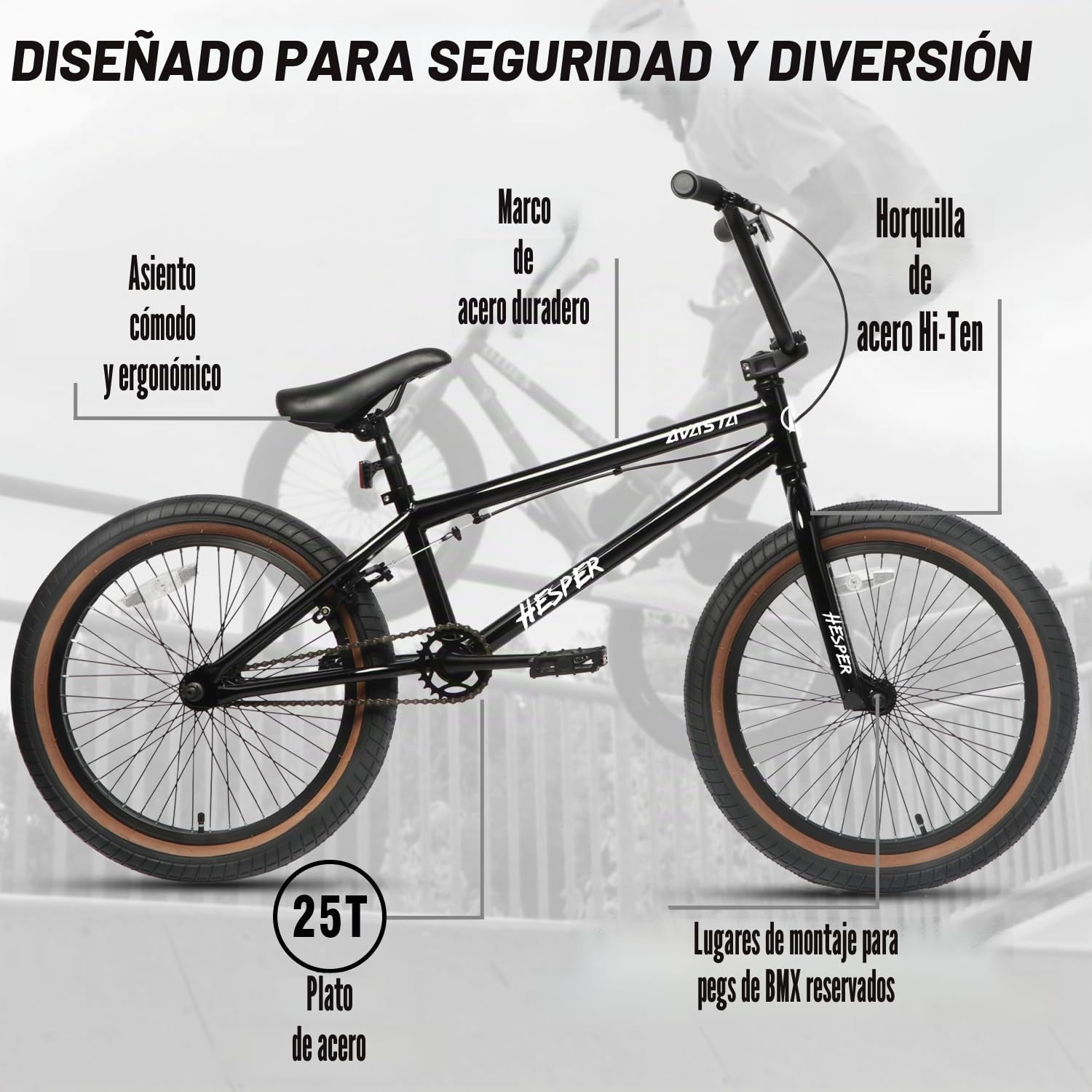 AVASTA Hesper Bicicleta BMX Freestyle de 20 pulgadas para niños, para chicos de 6, 7, 8, 9, 10, 11, 12, 13, 14 años y principiantes, Negra con neumáticos marrones