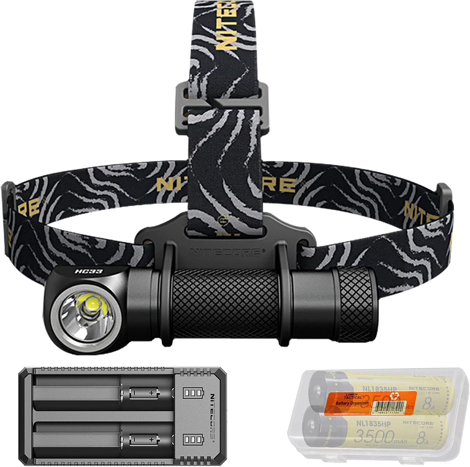 Nitecore HC33 1800 Lumen Versatile L-Shaped LED Headlamp with a 2-Channel USB Smart Charger Set, with LumenTac Organizer