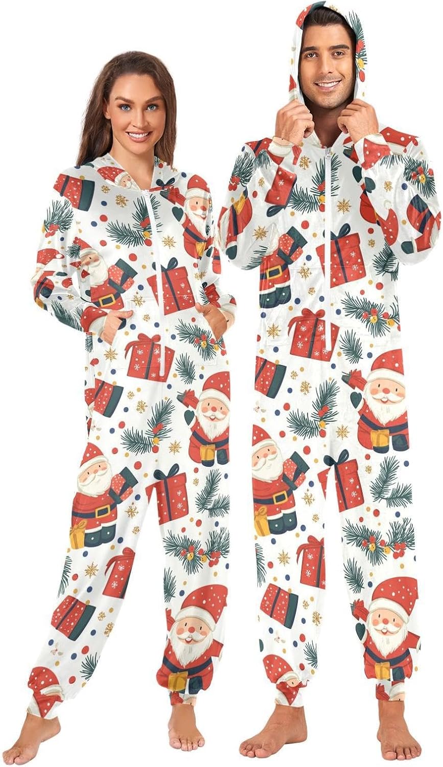 ZZKKO Red Santa Claus Adult Onesie Pajamas for Women Men Cozy One Piece Pajamas Costume Zip-Up Hooded