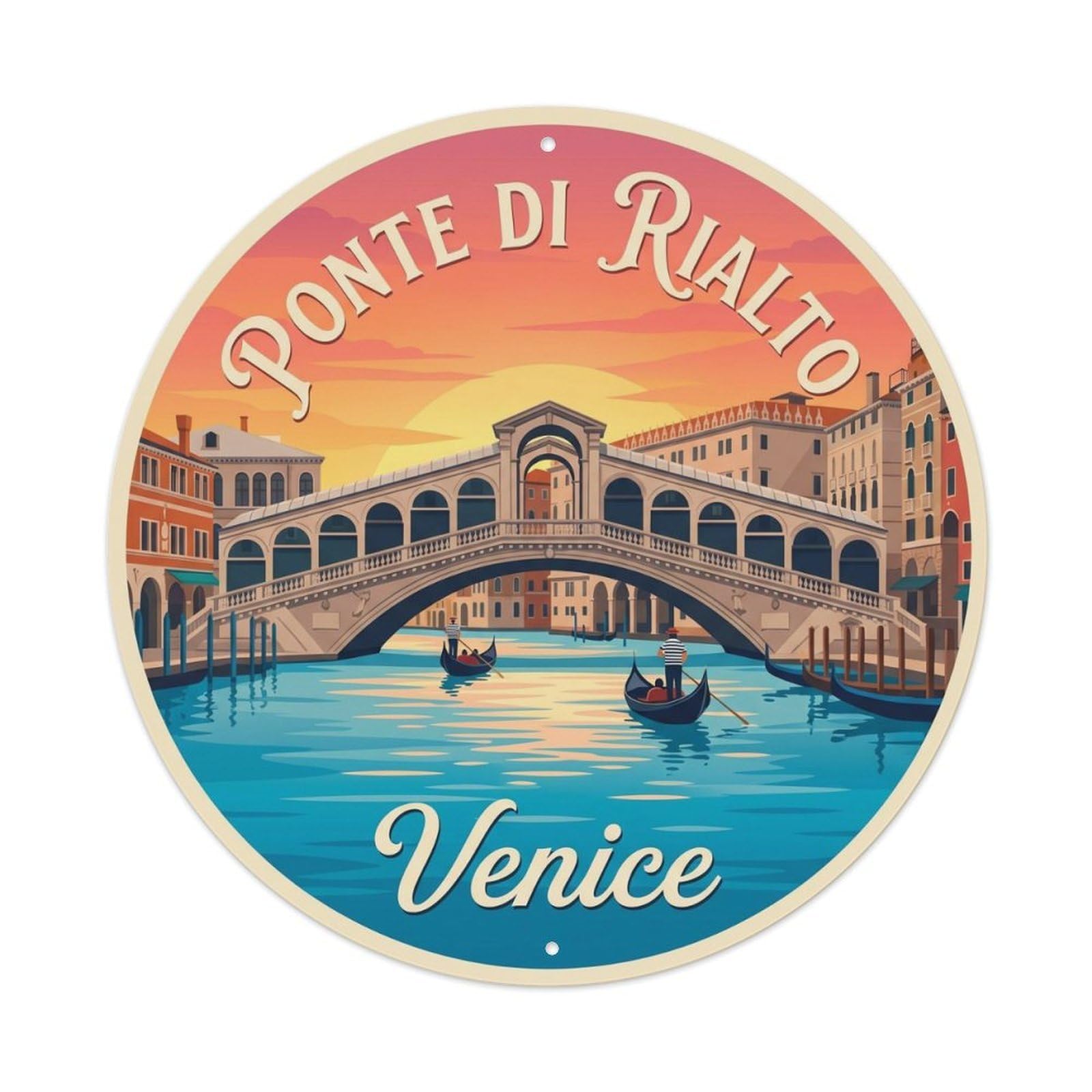 Vintage Travel Rialto Bridge Venezia Metal Tin Sign Plaque Wall Decor for Cafe, Club, Garden Round Metal Poster 8x8Inch