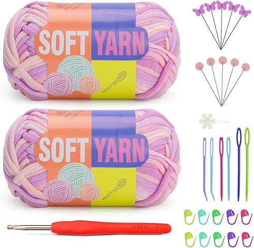 IMZAY Hilo de 3.52 onzas para ganchillo, hilo de algodón de color arcoíris e hilo para principiantes con costuras fáciles de ver, ganchos de mango