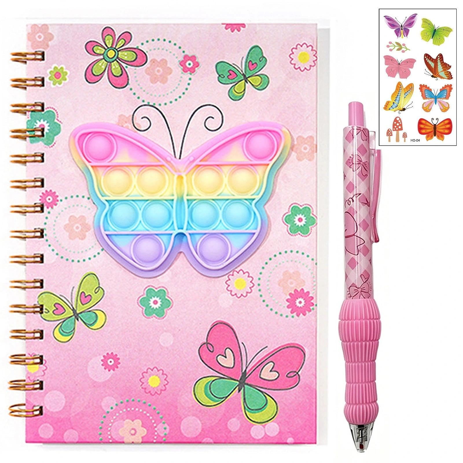 HUANYO Dopamine Notebook for Stress Relief & Happy Mood – A5 Spiral Journal with Pen & Stickers, 160 Pages, 8.27 x 5.71 Inches – Fun Diary for Girls Ages 6-12, Kids Present (butterfly)