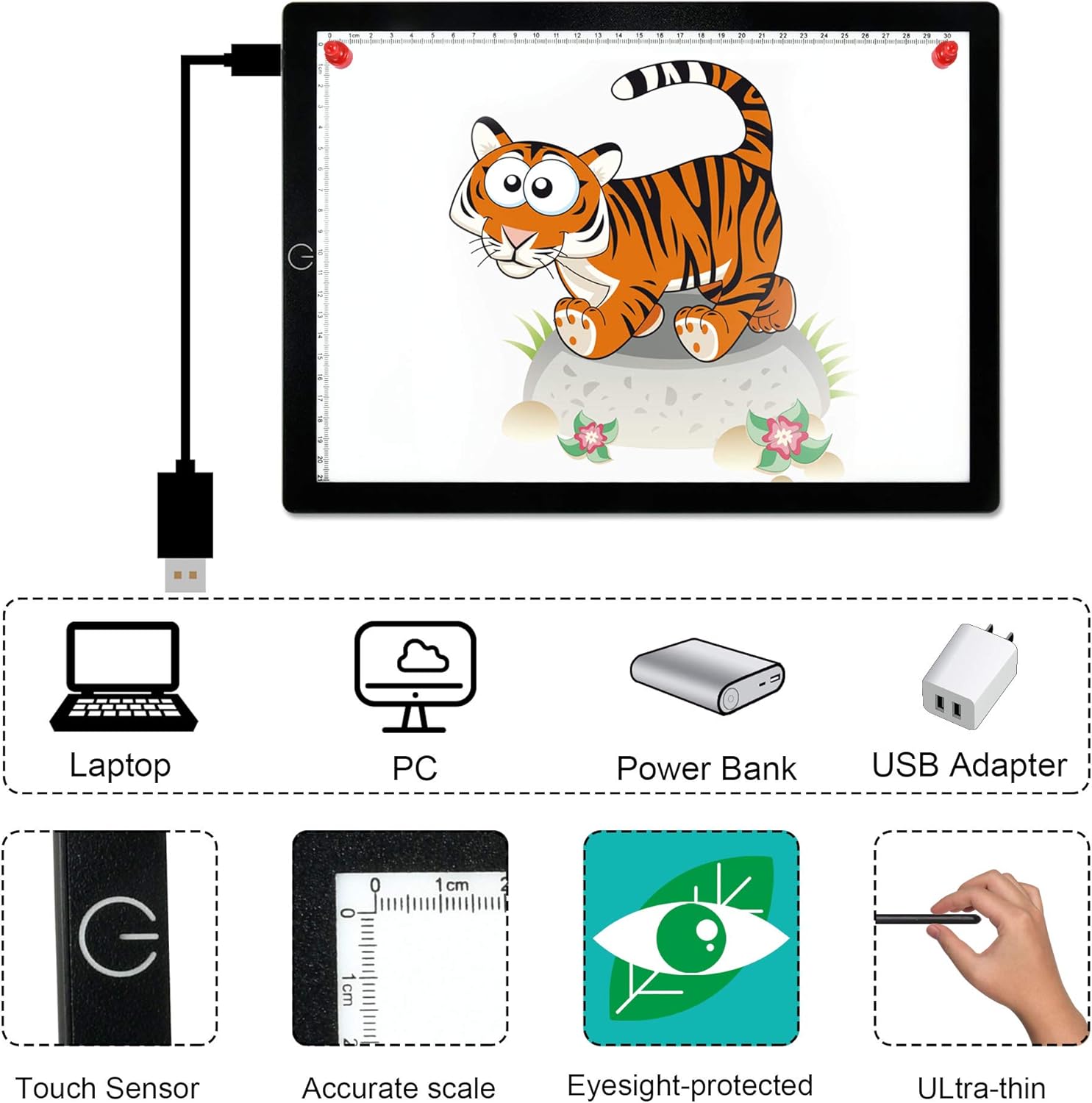 A4 LED Tracing Light Box,Hansang Ultra-Thin Drawing Light Table Portable Light Board, Tracer Light Pad USB Power Cable Dimmable Brightness Artcraft Tracing Light Box for Artists,Drawing