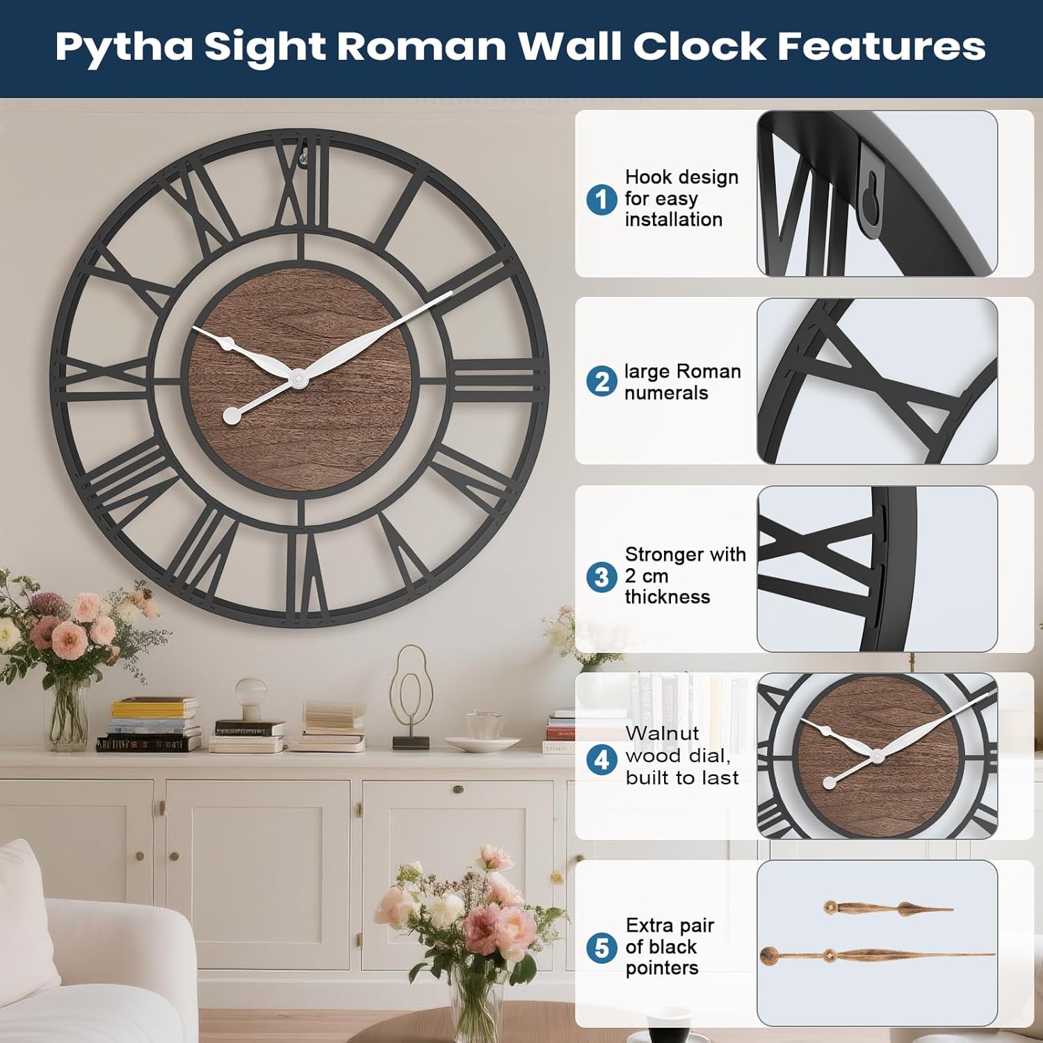 Pytha Sight 24 Inch Large Oversized Farmhouse Modern Decorative Wall Clock for Living Room,Silent Industrial Big Roman Numerals Vintage Metal Round Wall Clocks for Kitchen,Dinng Room,Office Black Walnut 24 inch