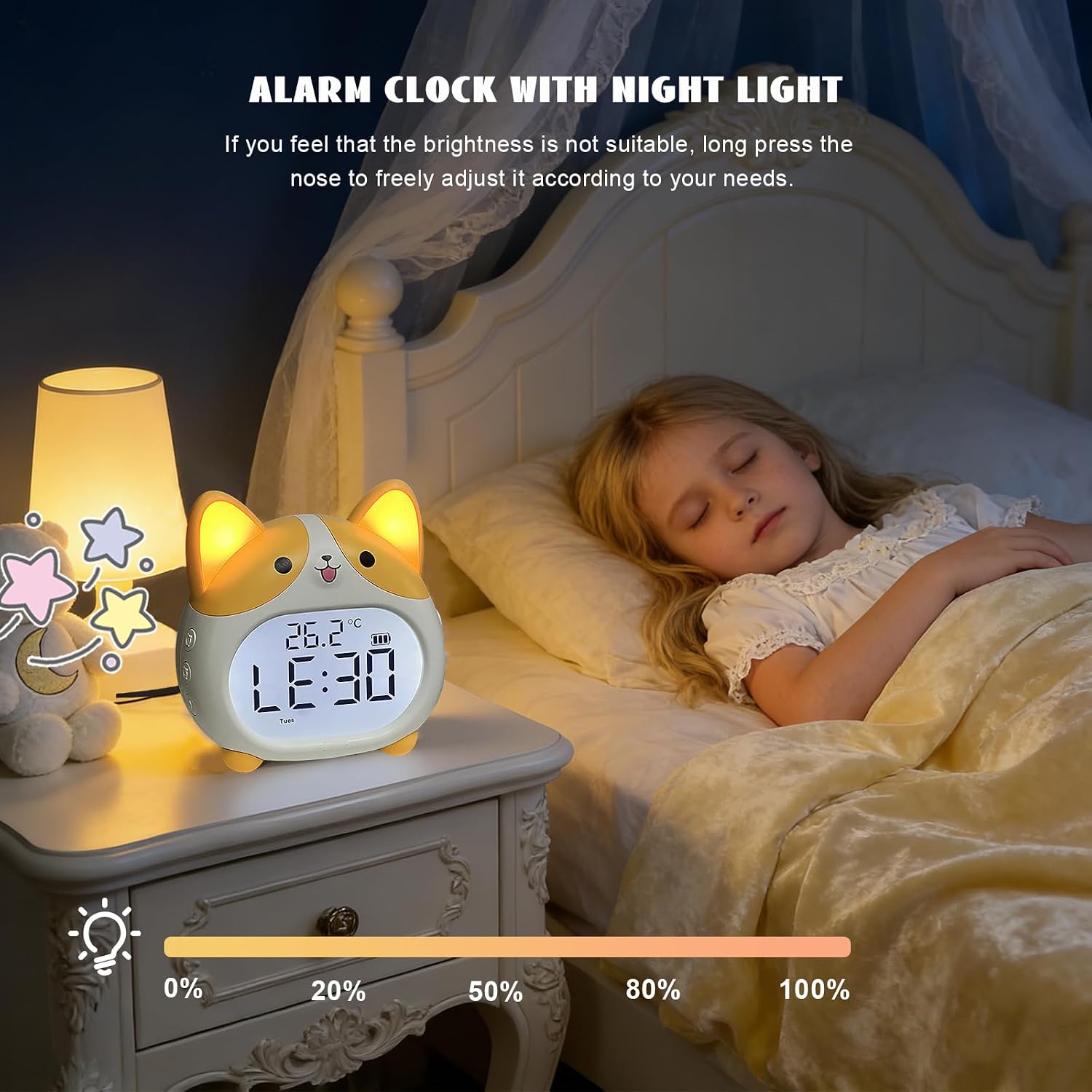 JUSTUP Dog Alarm Clock, Loud Bell Alarm Clock with Night Light, Rechargeable Teen Digital Clock with 6 Alarm, Timer and Temperature Display, Cute Animal Bedside Clock for Bedroom Study Office (Grey)