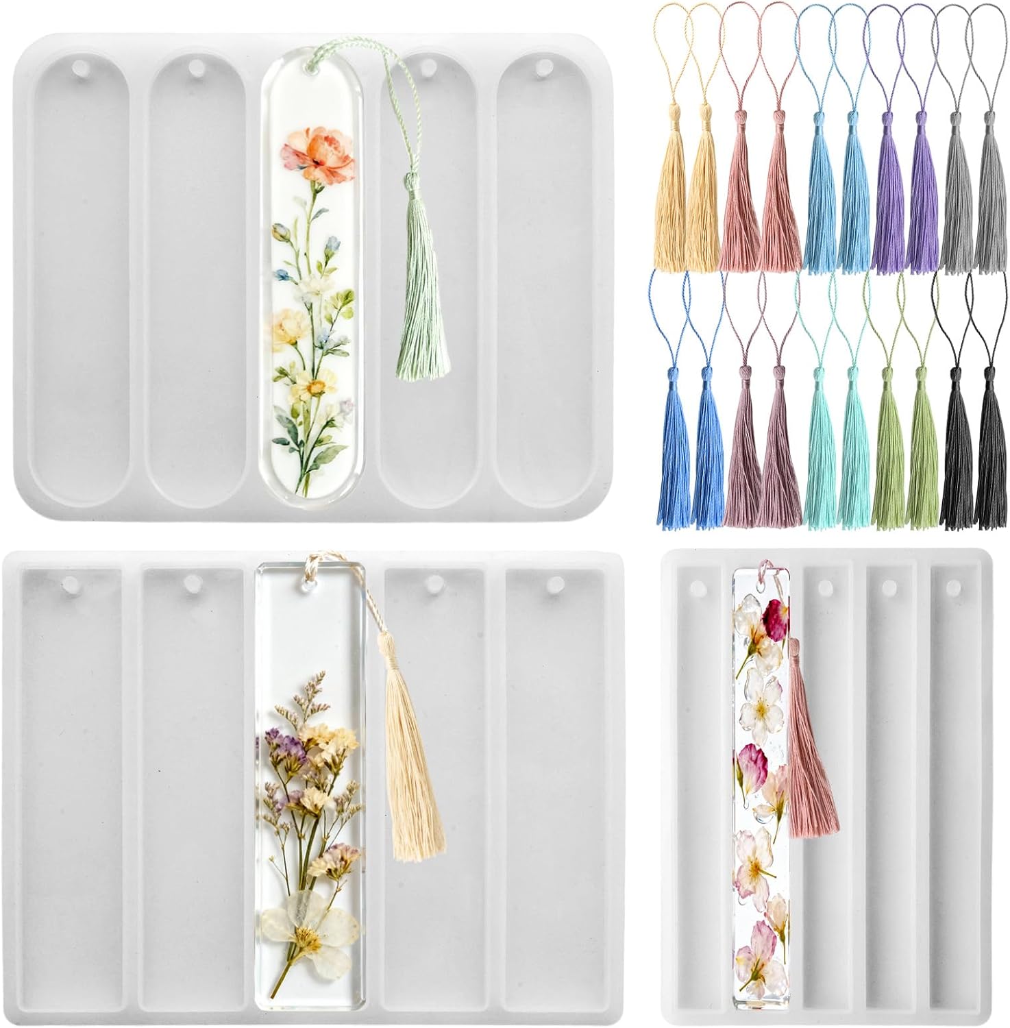 Set of 3 Shiny Silicone Small Medium Rectangle Bookmarks Resin Mold Kit 20 Pcs Colored Tassels Handmade Thumb Bookmarks Casting Mold for Book Lovers Readers DIY Crafts Handmade Supplies