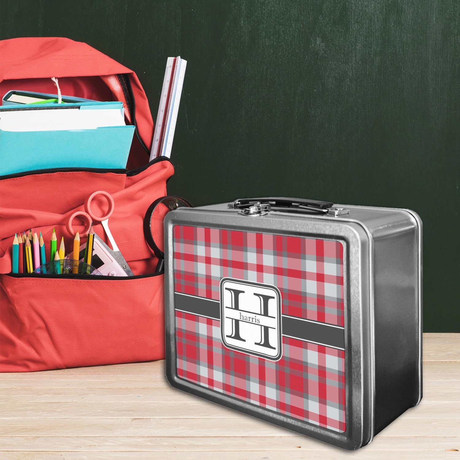 Personalized Red & Gray Plaid Lunch Box