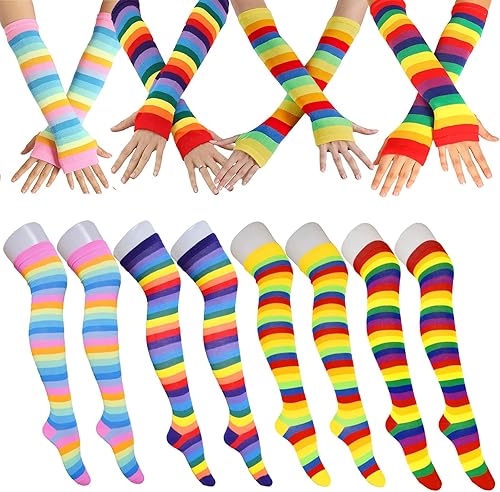 Chiclinco Juego de calcetines de rayas arcoíris y guantes sin dedos, calentadores de piernas de los años 80, calcetines altos de altura para fiesta