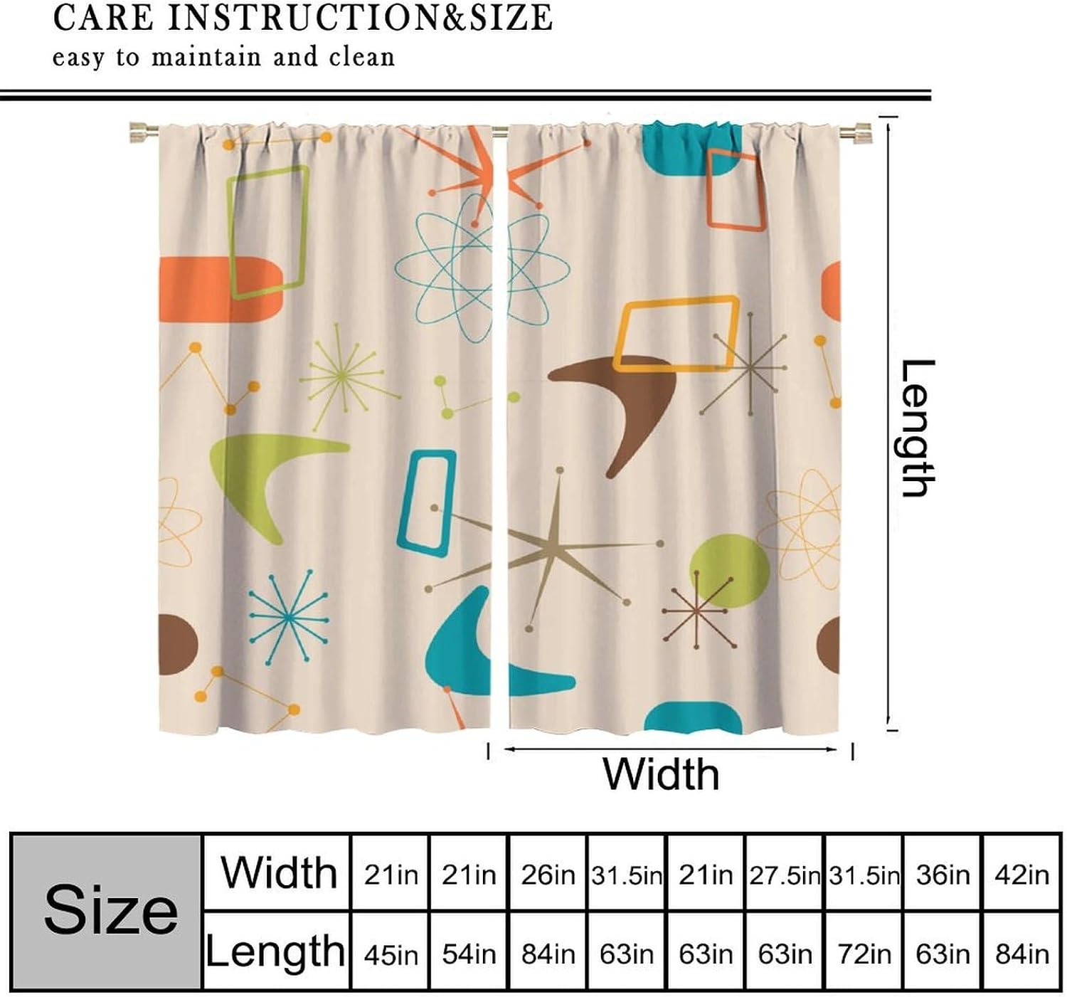 Mid Century Curtains，Modern Colorful Abstract Geometric Pattern Curtains Retro Mid Century Living Room Kitchen Bedroom Blackout Curtains Set 2 Panels,42x45 Inches