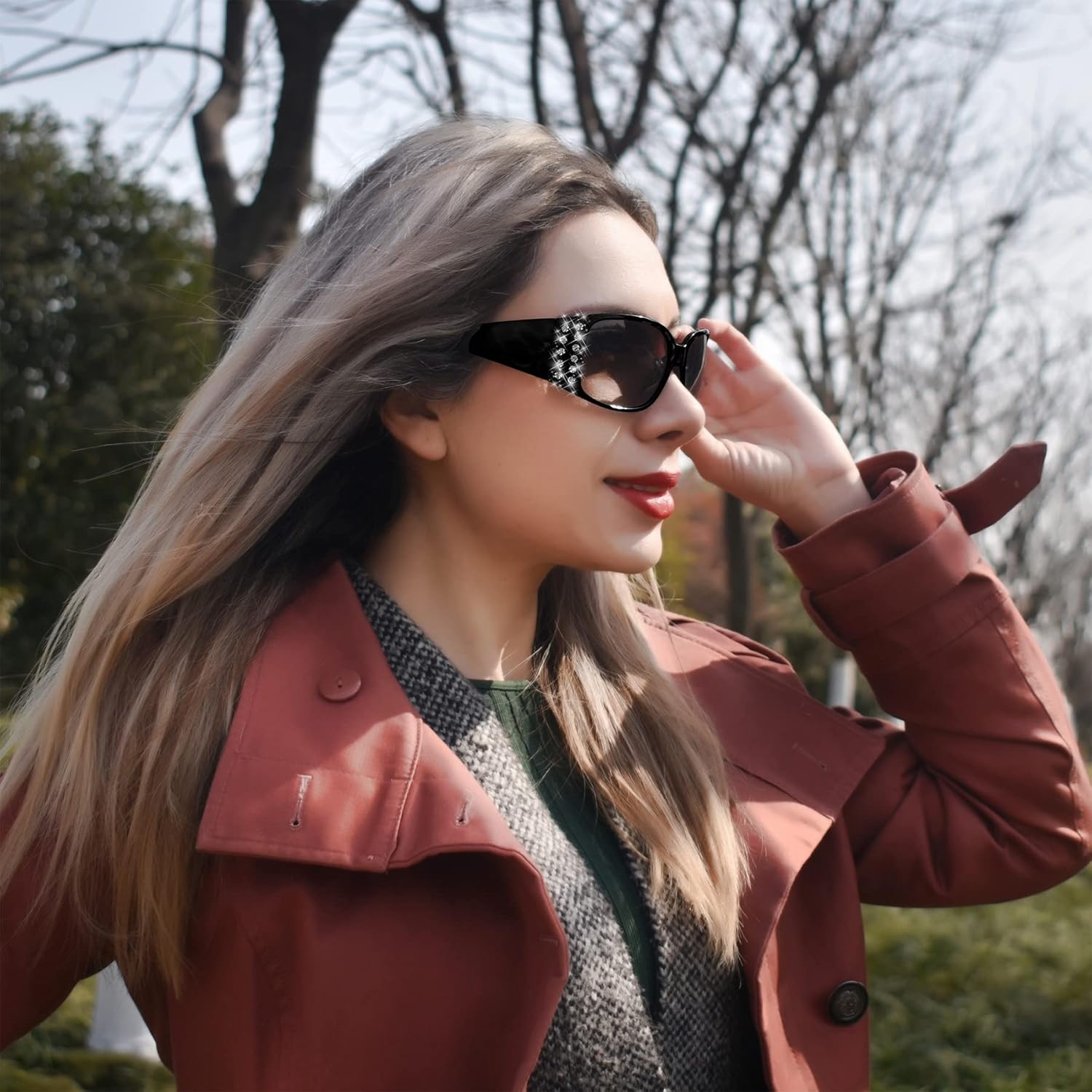 Polarized Sunglasses for Women, Rhinestone Bling Oval Sun Glasses for Driving/Shopping UV Protection Shades - Image 3