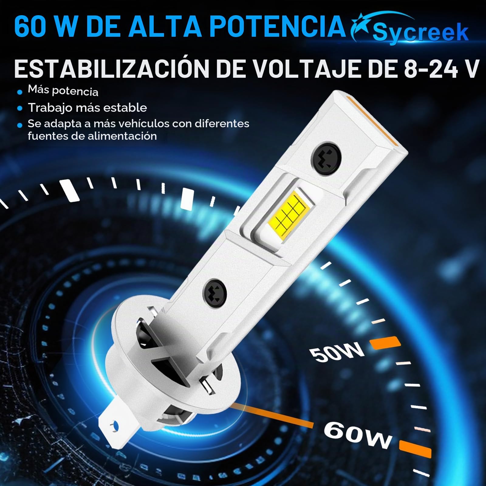Sycreek Bombilla H1 Led Faro Mejorada Para, 18 Piezas LED,120W 30000LM 600% Super Brillo 6500K Blanco,Compatible 9-24V